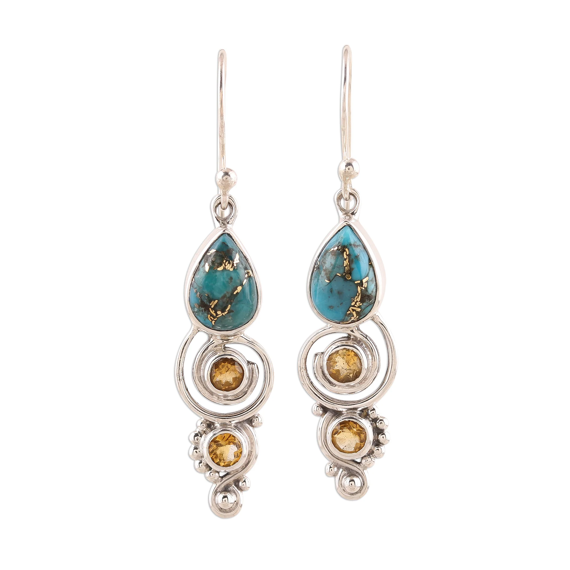 Glistening Curl Citrine and Composite Turquoise Dangle Earrings from India - Image 2
