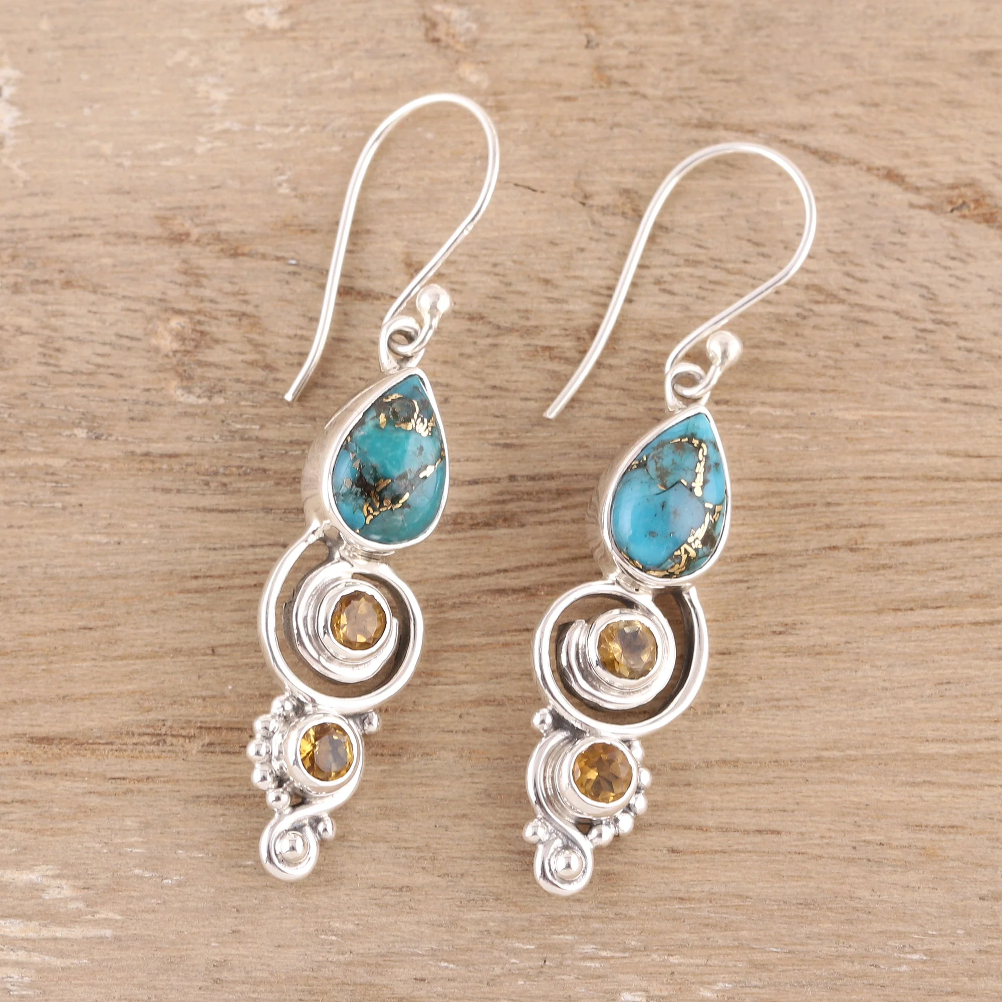 Glistening Curl Citrine and Composite Turquoise Dangle Earrings from India - Image 3