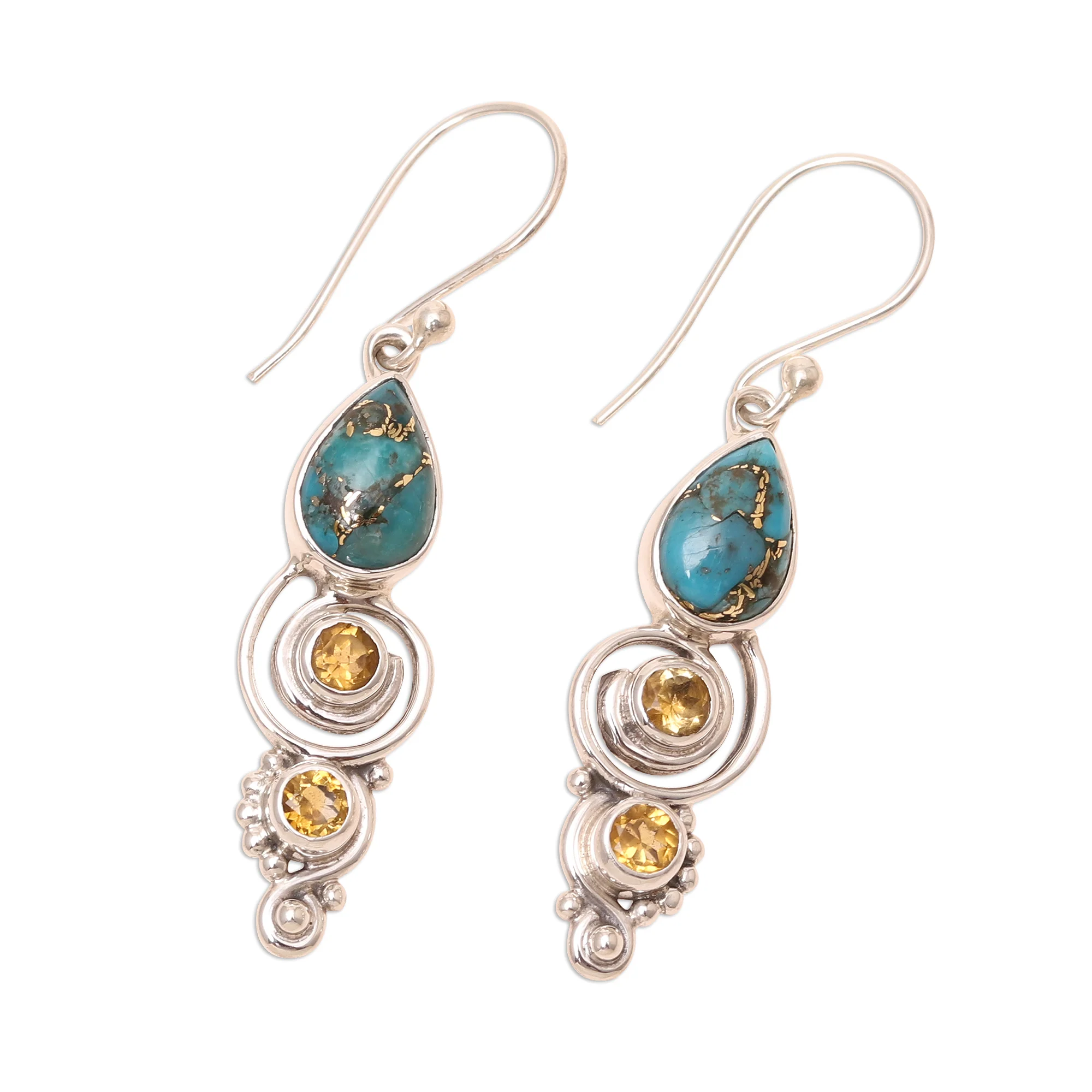 Glistening Curl Citrine and Composite Turquoise Dangle Earrings from India - Image 4