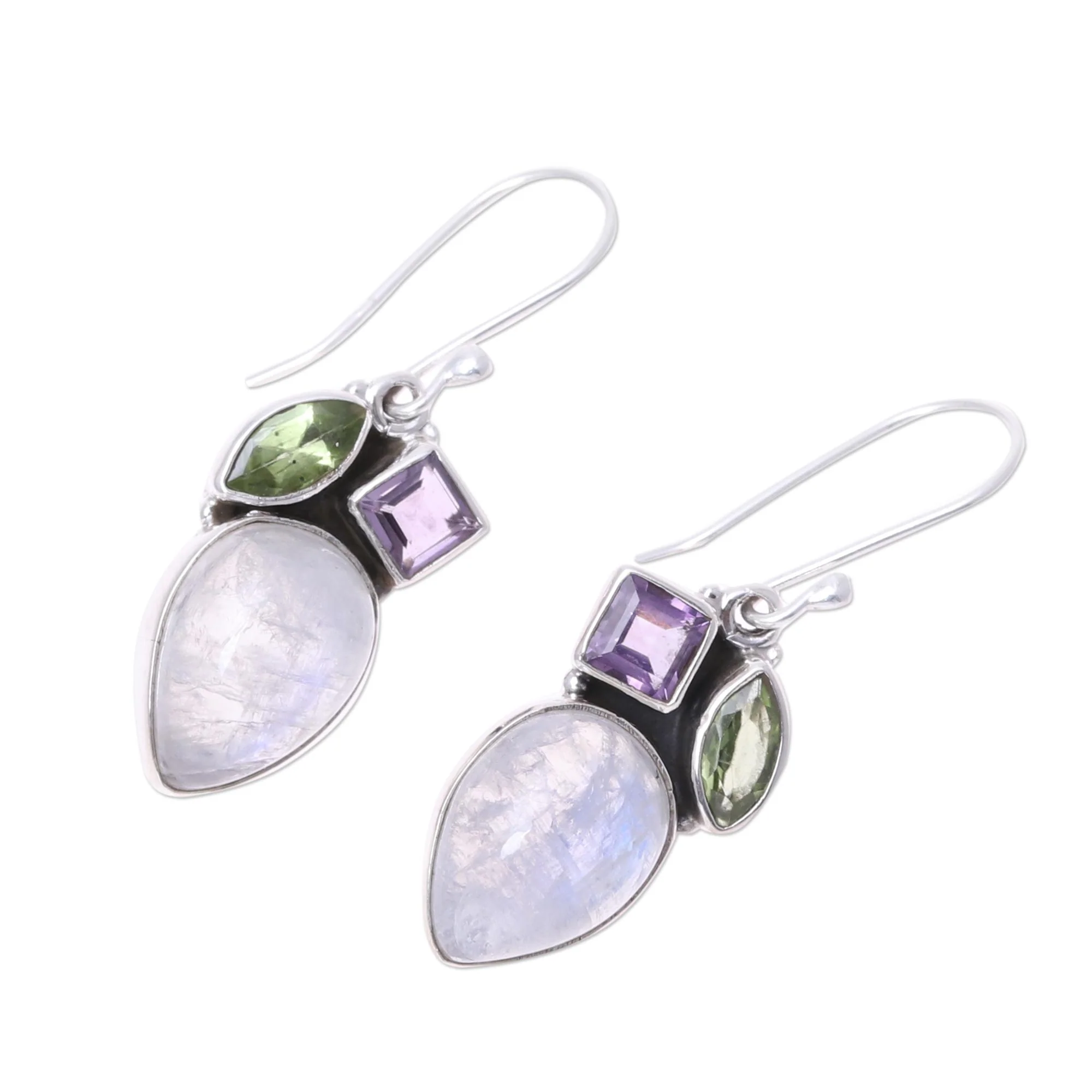 Glistening Dazzle Teardrop Rainbow Moonstone Peridot and Amethyst Earrings - Image 4