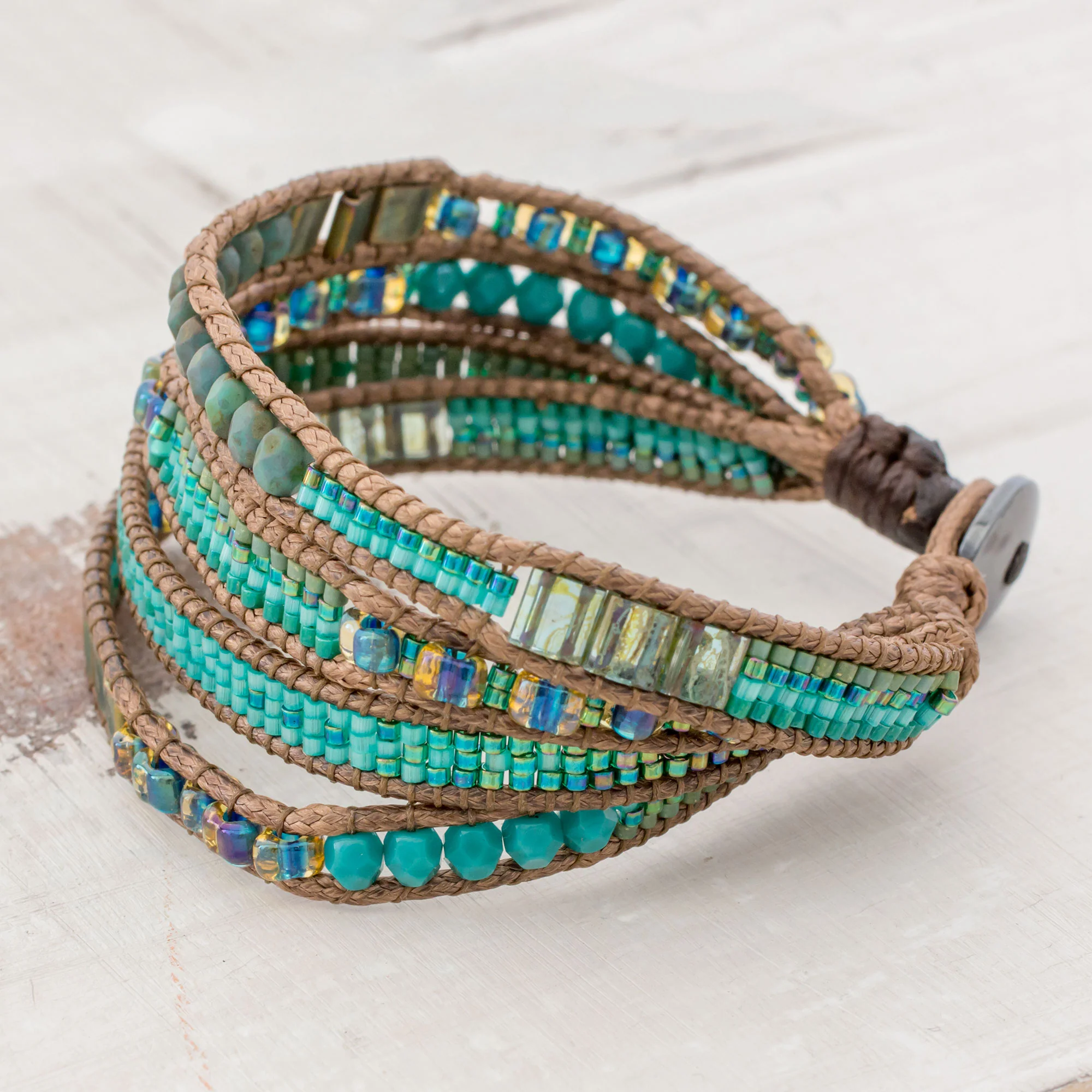 Glistening Lake Glass Beaded Wristband Bracelet in Cerulean from Guatemala - Image 3