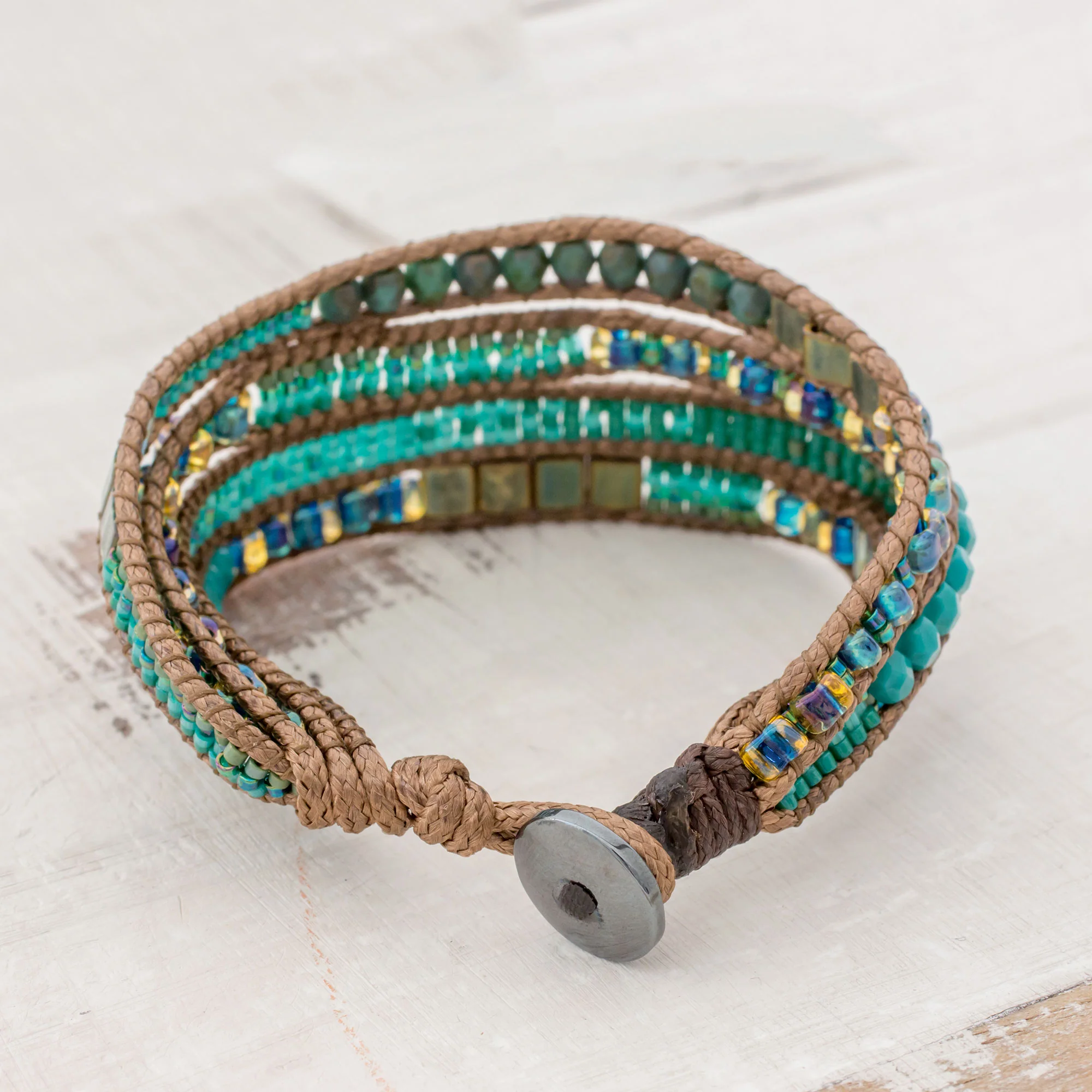 Glistening Lake Glass Beaded Wristband Bracelet in Cerulean from Guatemala - Image 4