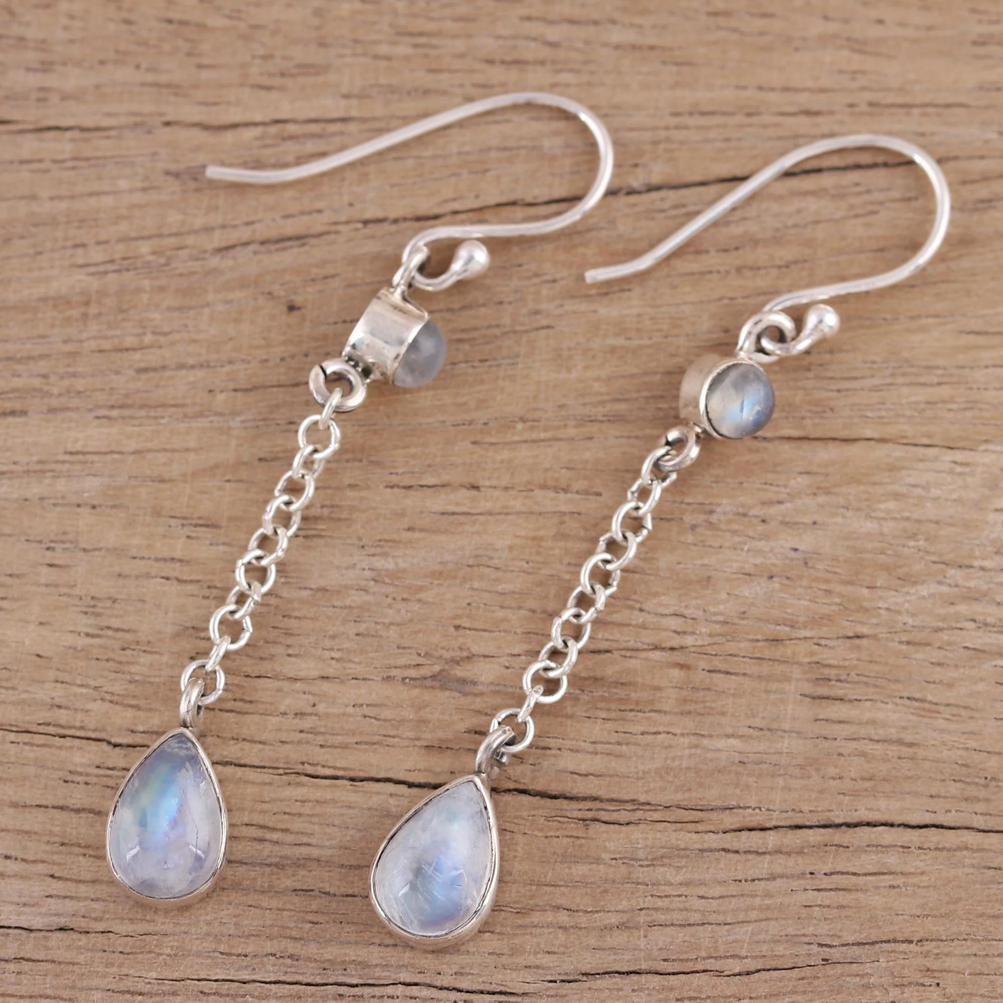 Glistening Teardrops Teardrop Rainbow Moonstone Dangle Earrings from India - Image 3