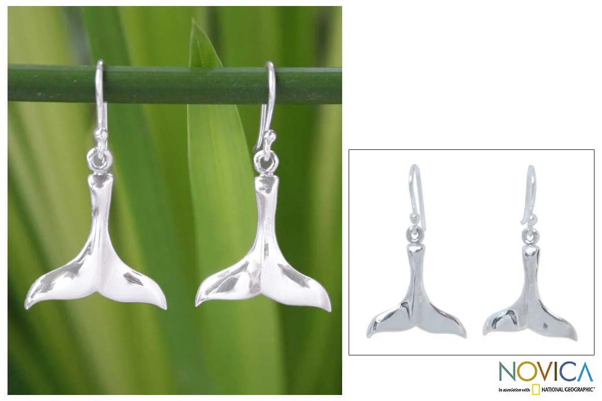 Glistening Whale Silver Dangle Earrings