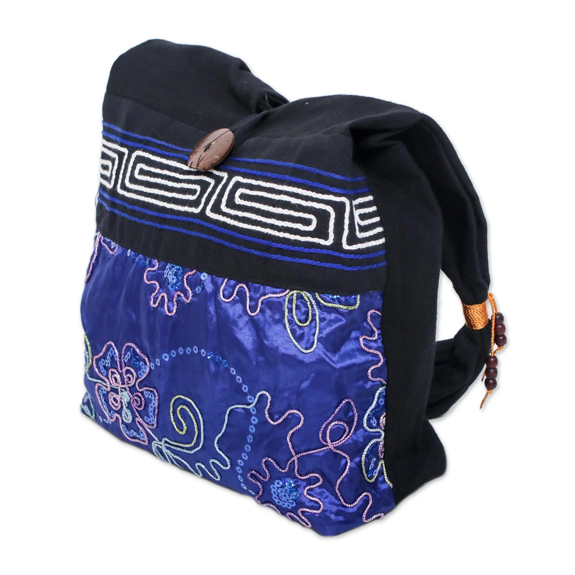 Glittering Blue Flower Black and Blue Cotton with Floral Pattern Shoulder Bag - Image 3