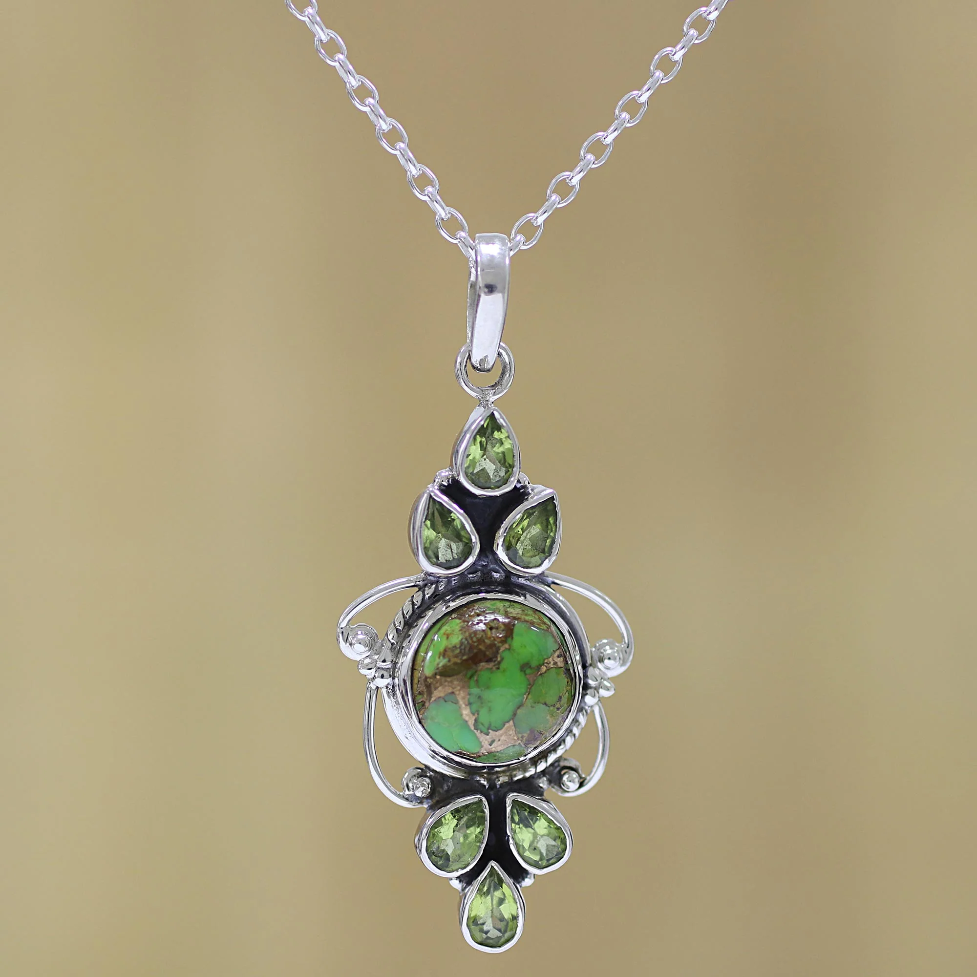 Glittering Green Peridot and Composite Turquoise Pendant Necklace from India