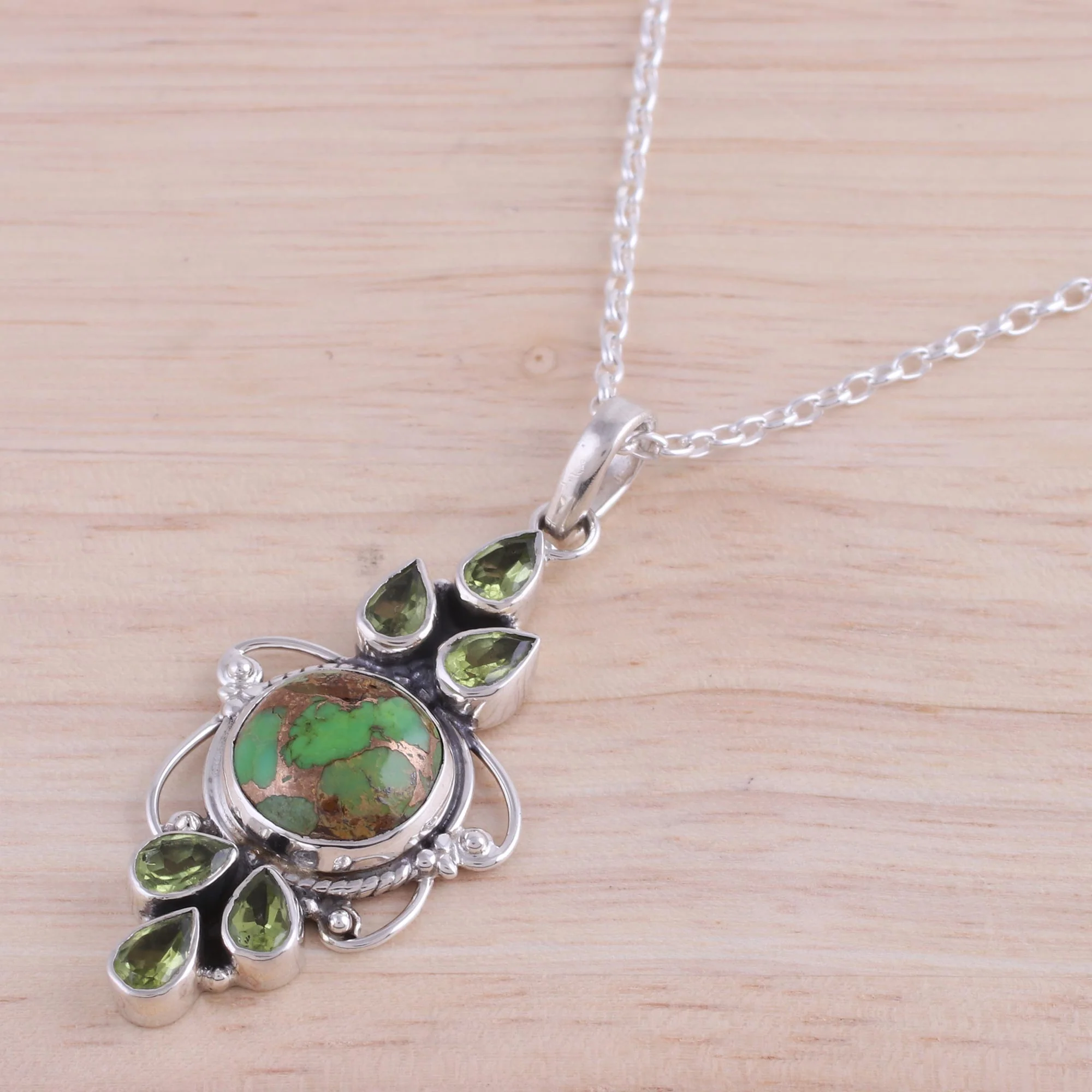 Glittering Green Peridot and Composite Turquoise Pendant Necklace from India - Image 3