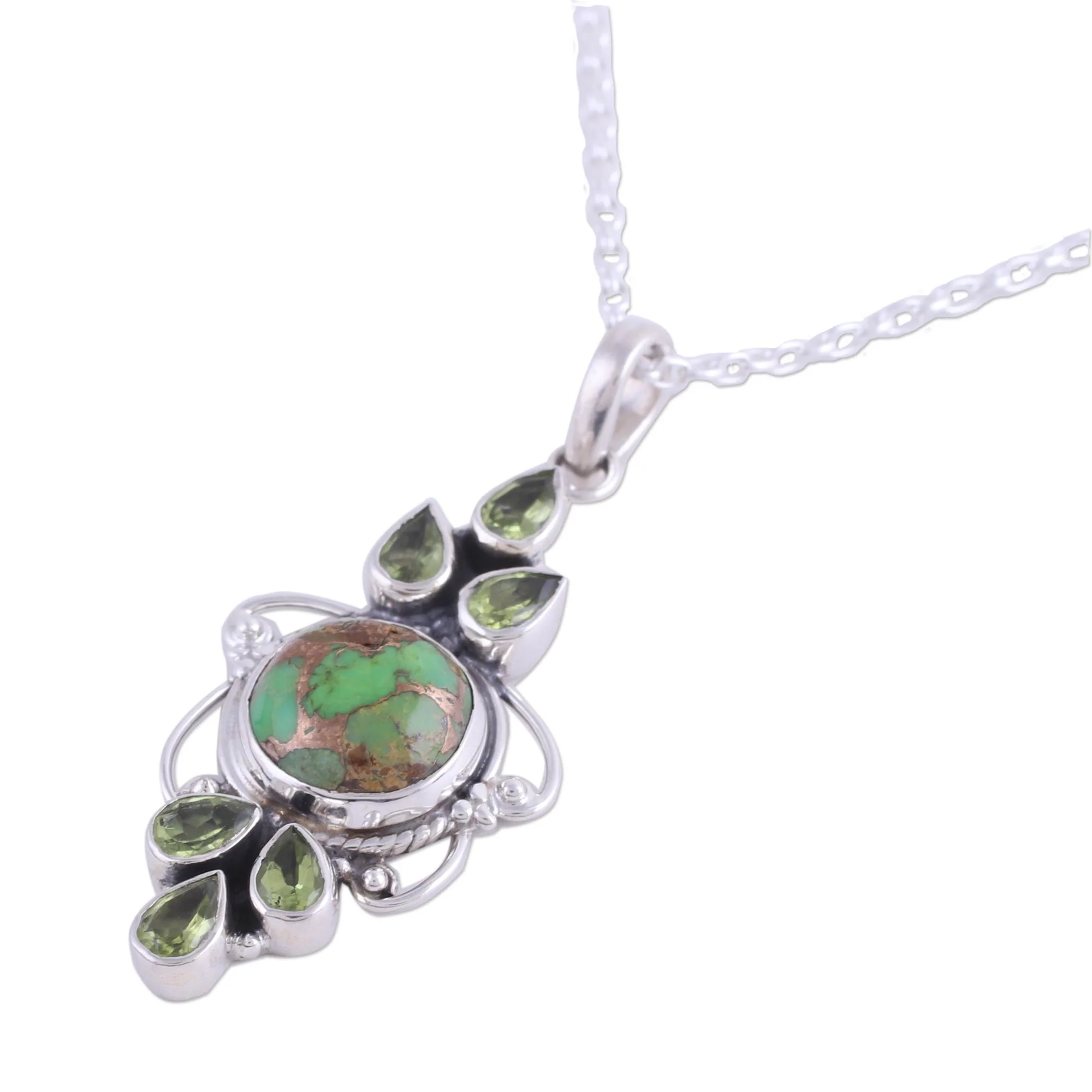 Glittering Green Peridot and Composite Turquoise Pendant Necklace from India - Image 5