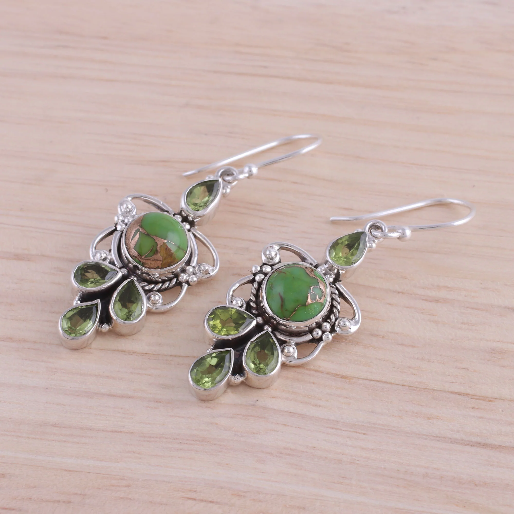 Glittering Green Peridot and Green Composite Turquoise 925 Silver Earrings - Image 3