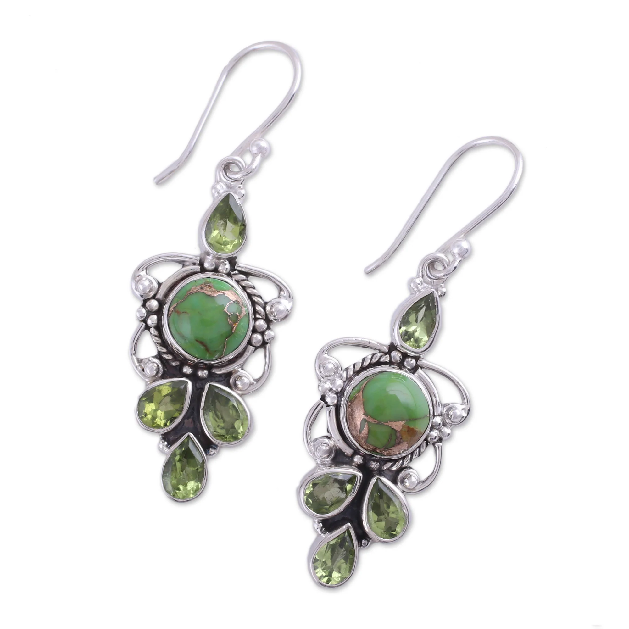 Glittering Green Peridot and Green Composite Turquoise 925 Silver Earrings - Image 5