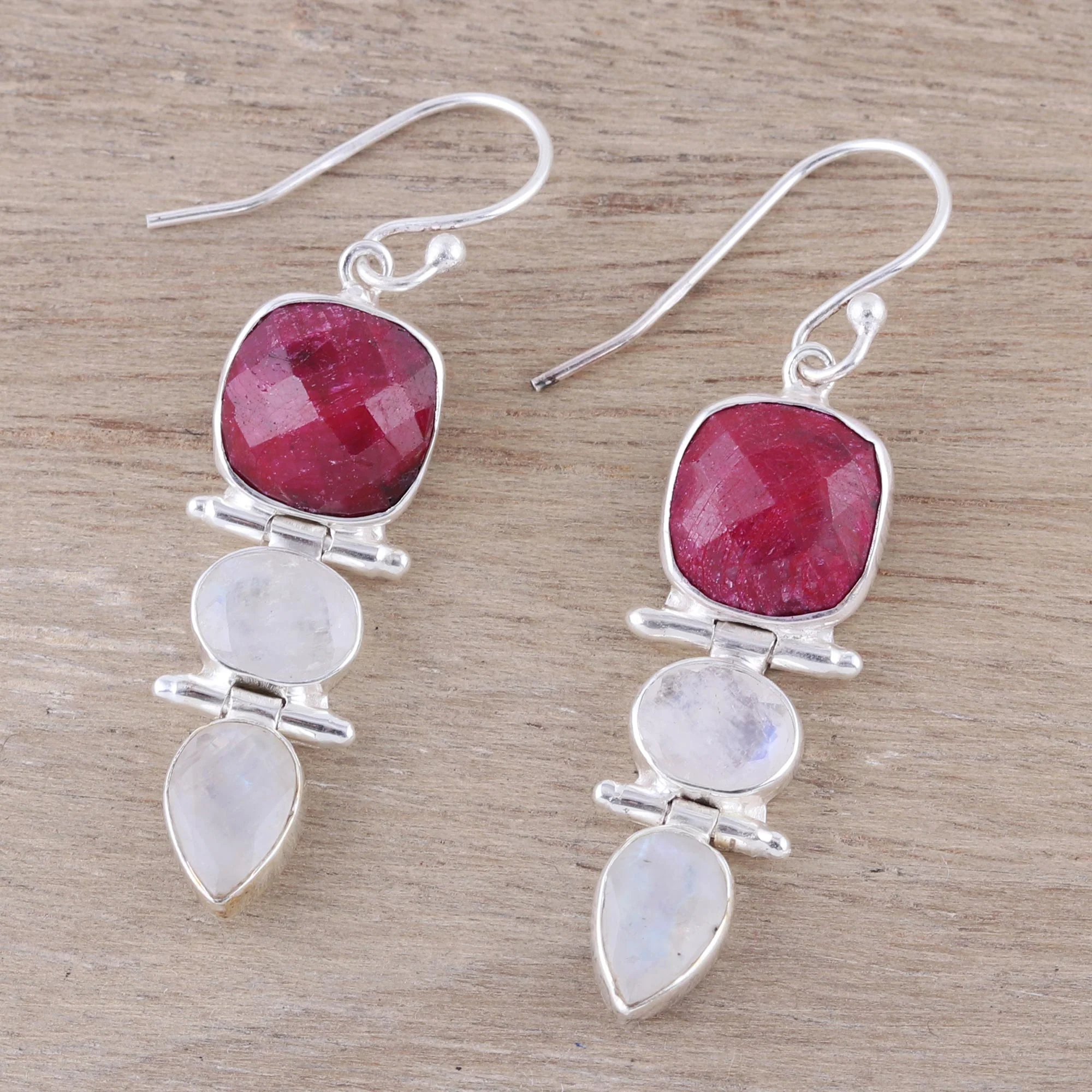 Glittering Muse Ruby and Rainbow Moonstone Dangle Earrings from India - Image 3