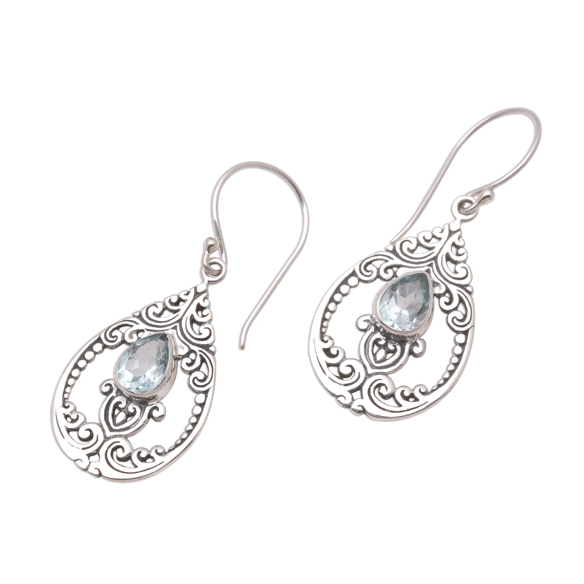 Glittering Pear Faceted Pear Blue Topaz Dangle Earrings from Bali - Image 5