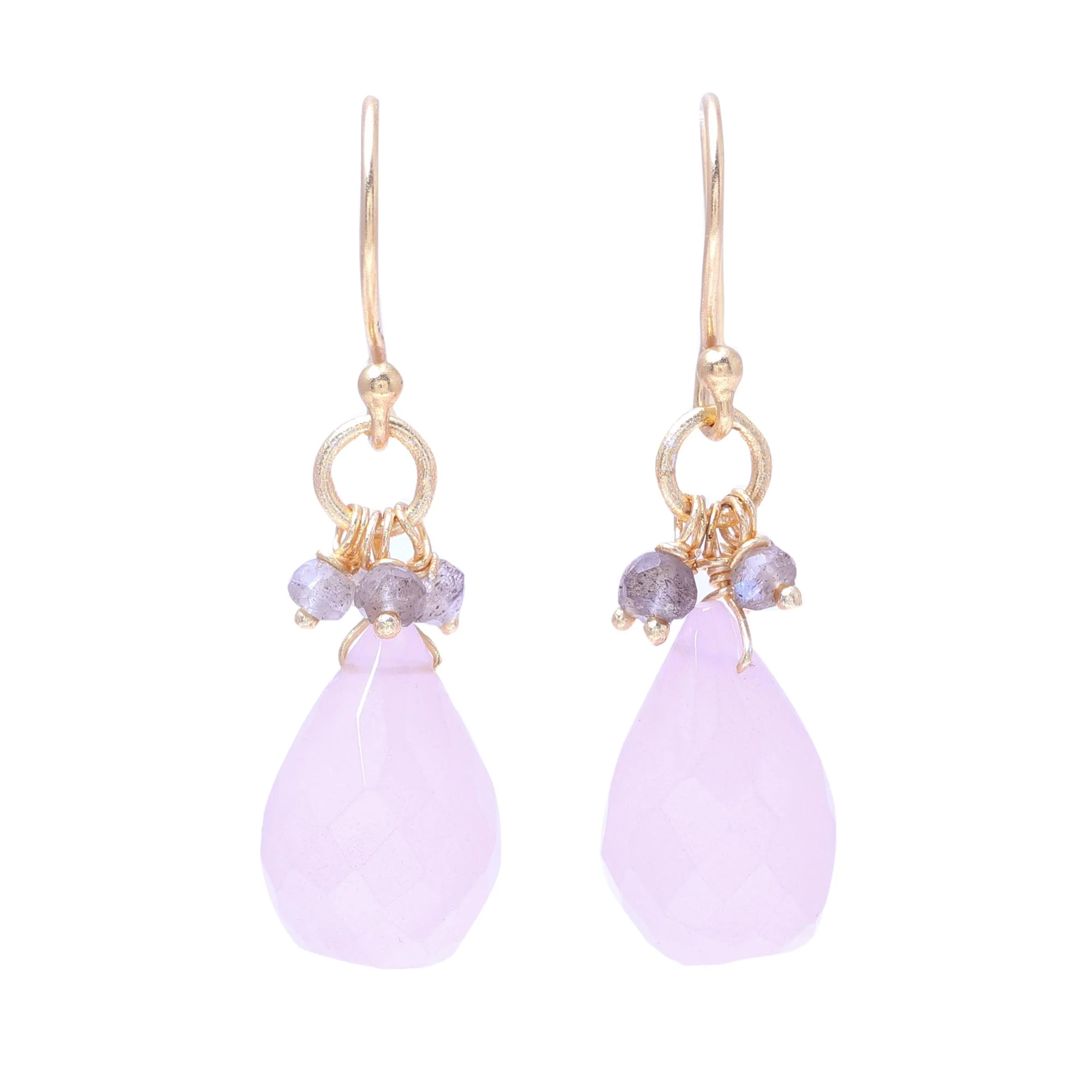 Glittering Pink Drops 22k Gold Plated Rose Quartz and Labradorite Dangle Earrings - Image 2