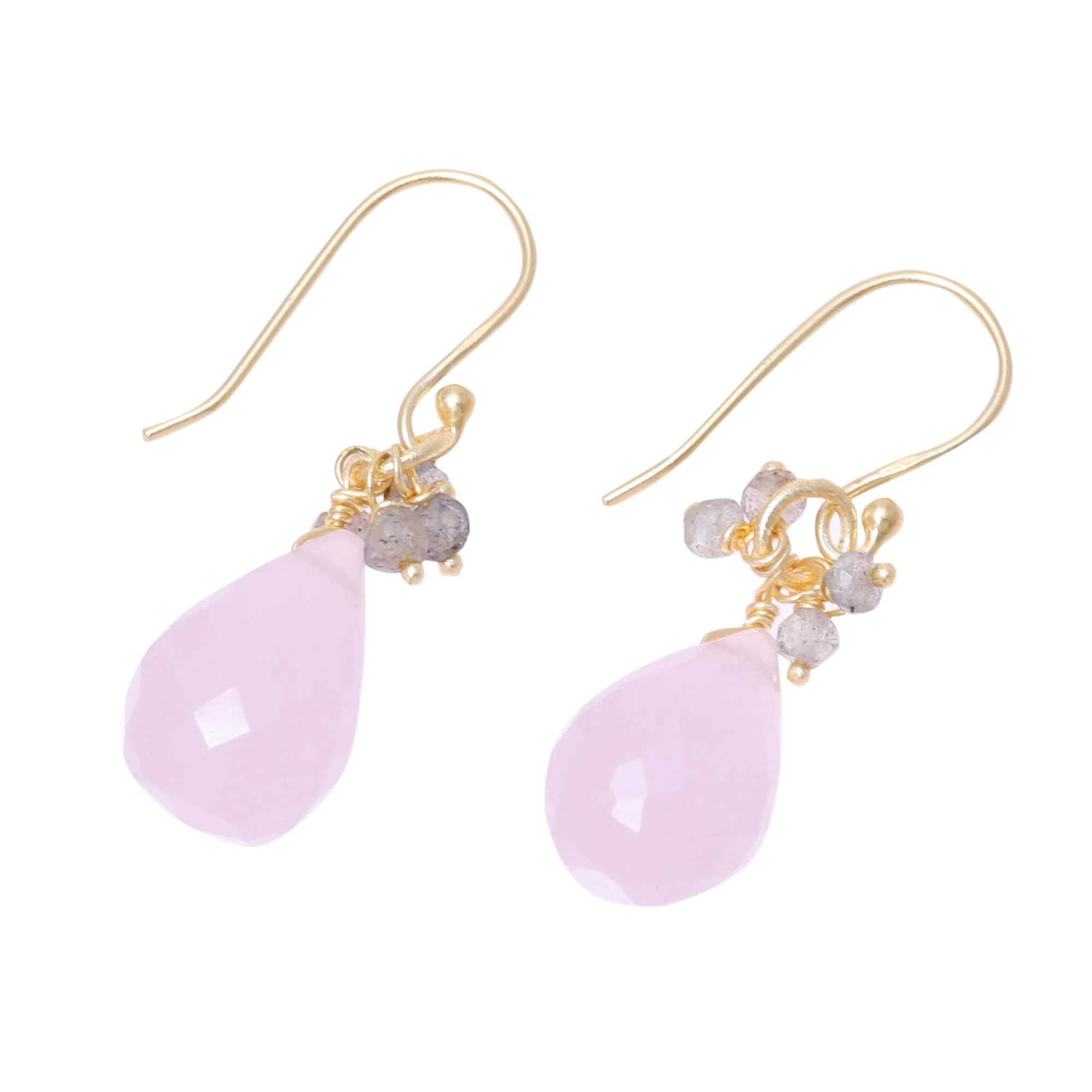 Glittering Pink Drops 22k Gold Plated Rose Quartz and Labradorite Dangle Earrings - Image 4