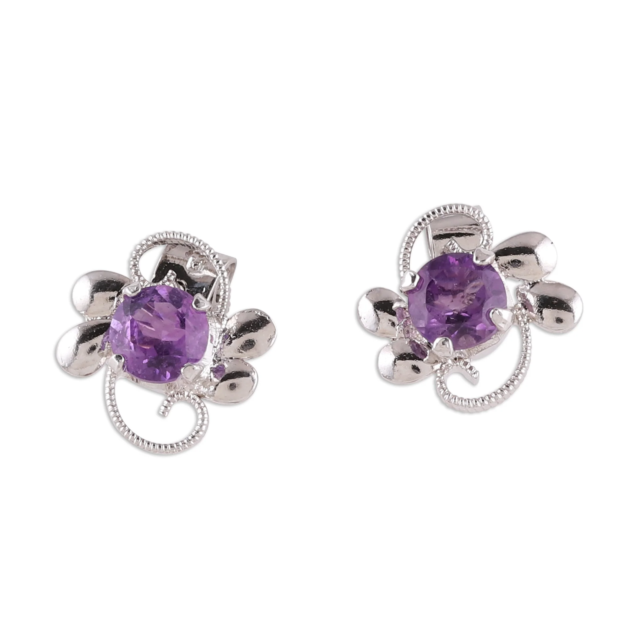 Glittering Purple Charm Rhodium Plated Amethyst Stud Earrings from India - Image 2