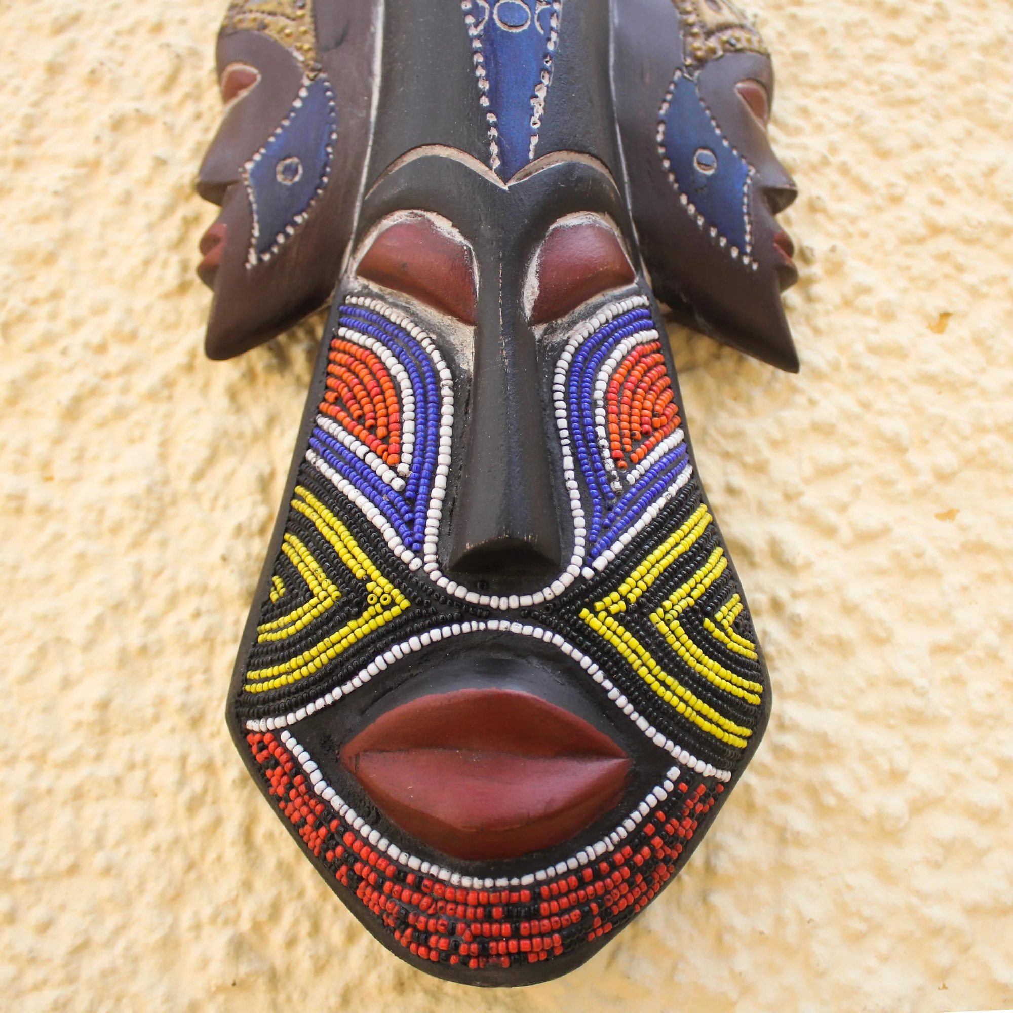 Glorious Work Beaded Wood Three Faced African Wall Mask Crafted by Hand - Image 4