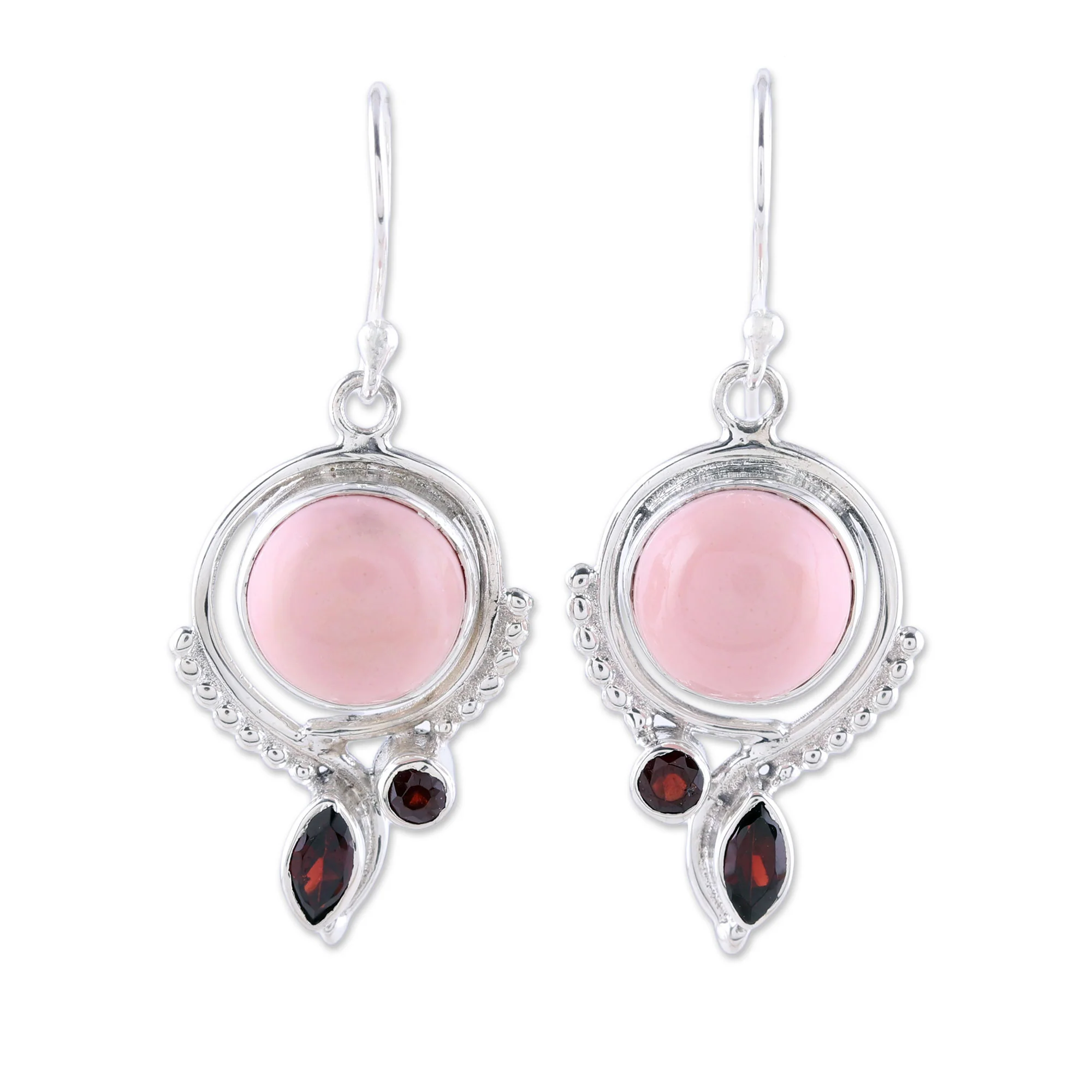 Glory in Pink Opal and Garnet Dangle Earrings from India - Image 2