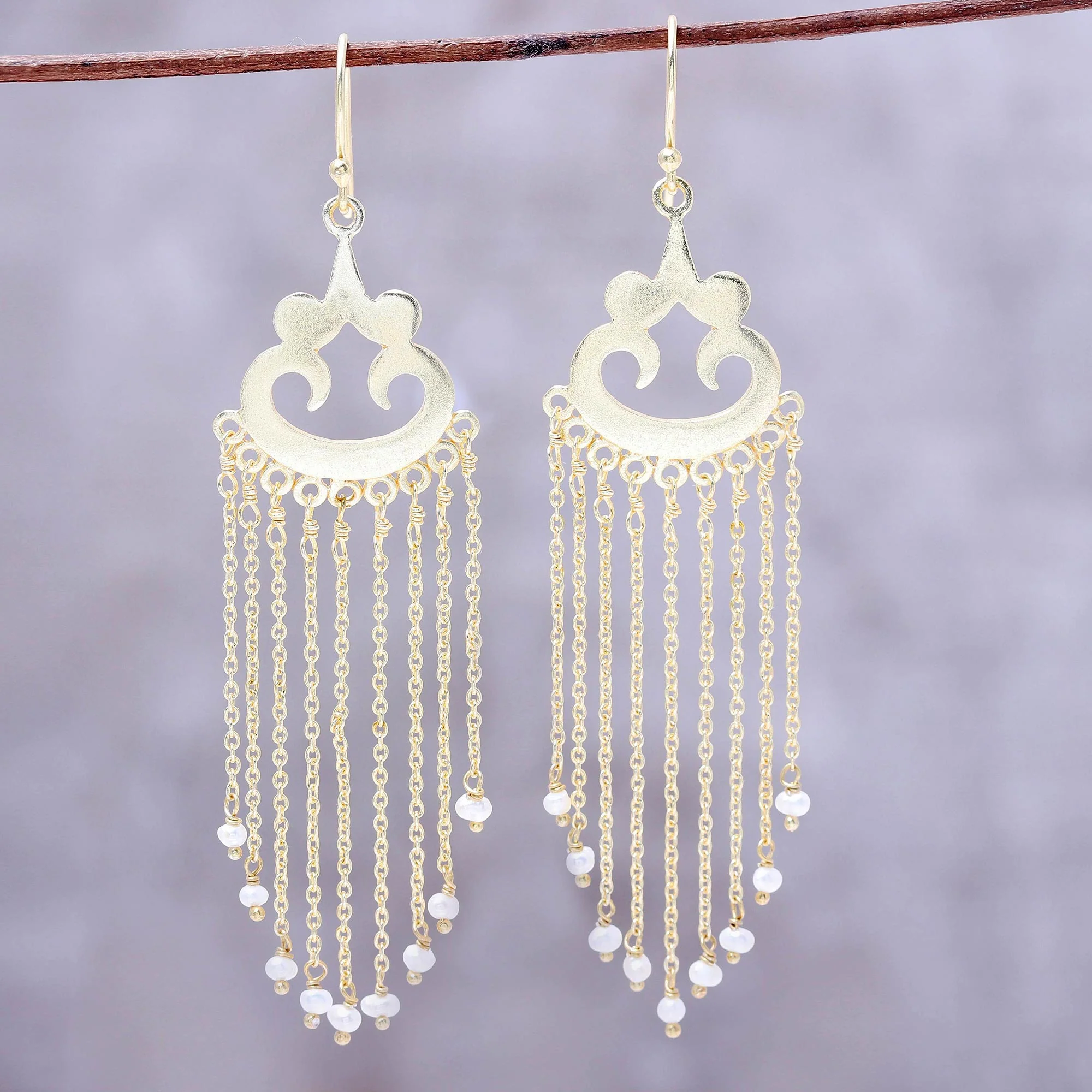 Glowing Rain Gold Plated Cultured Pearl Waterfall Earrings from India