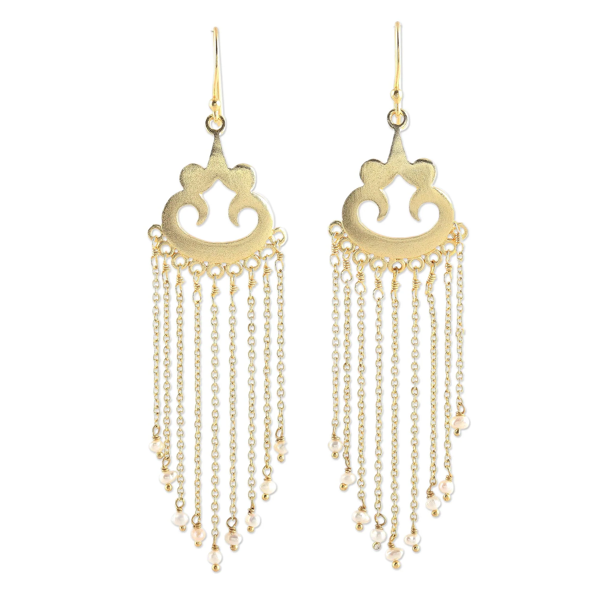 Glowing Rain Gold Plated Cultured Pearl Waterfall Earrings from India - Image 2