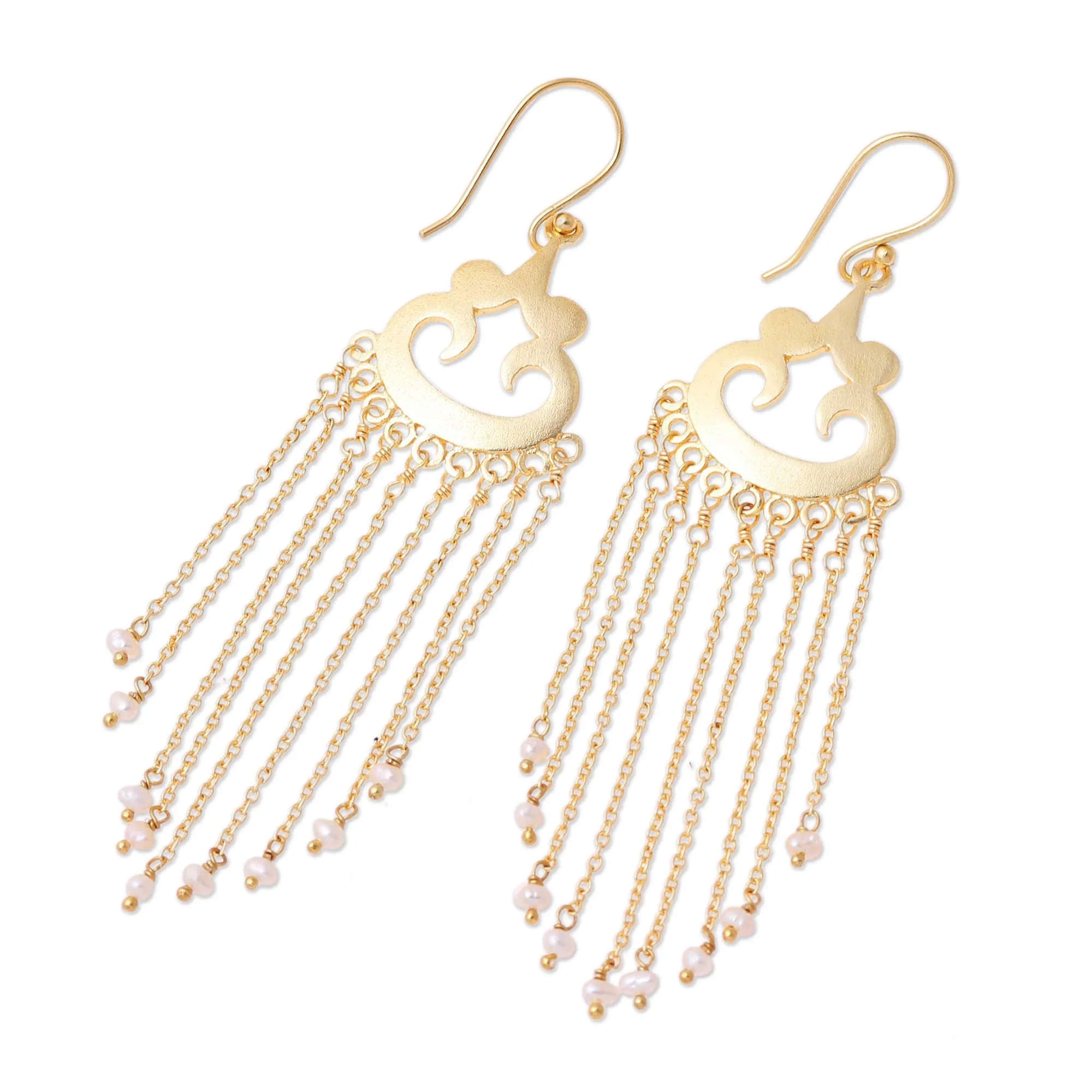 Glowing Rain Gold Plated Cultured Pearl Waterfall Earrings from India - Image 4