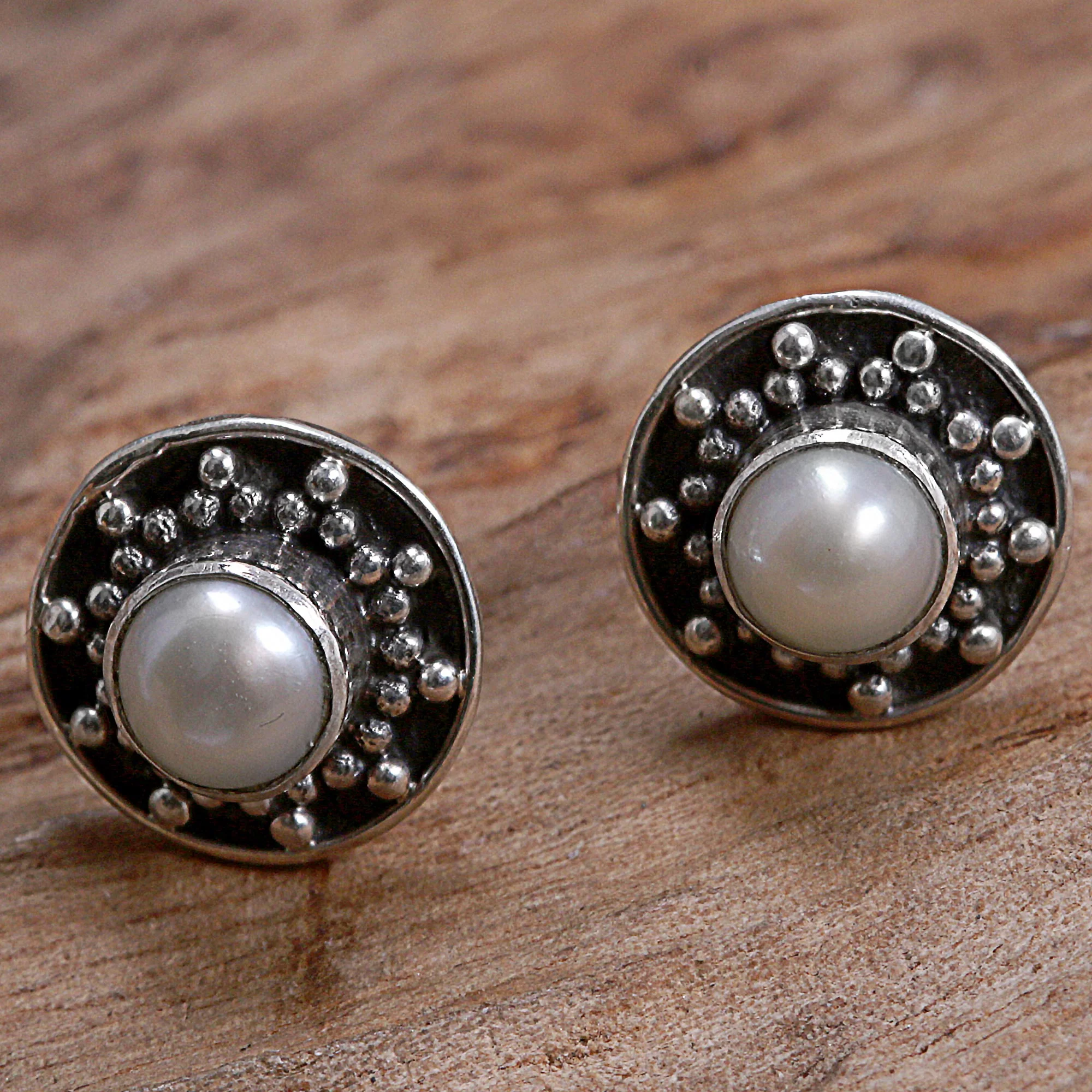 Glowing White Happiness Hand Made Cultured Pearl Stud Earrings from Indonesia - Image 3