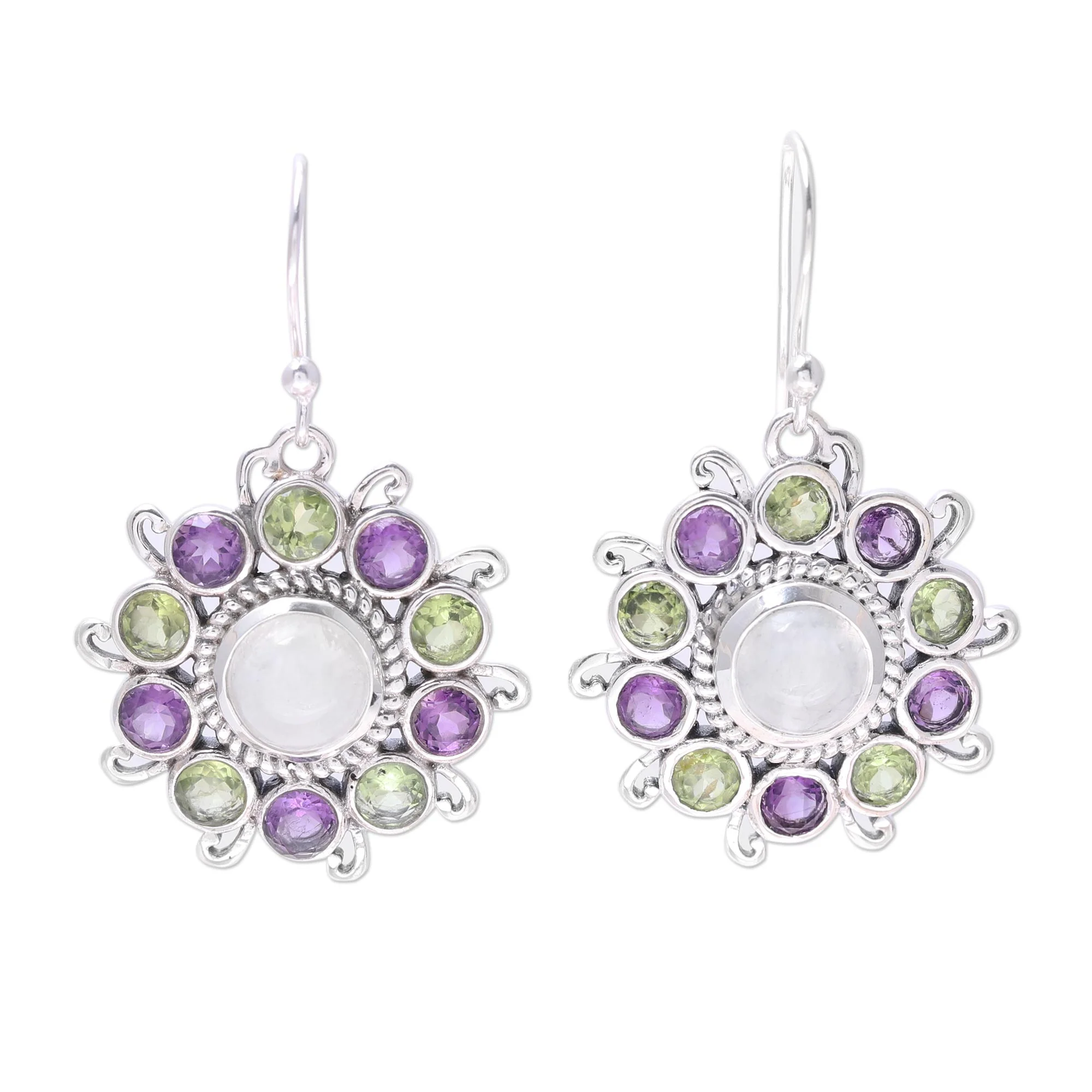Goddess Blooms Sterling Silver Rainbow Moonstone Floral Dangle Earrings - Image 2