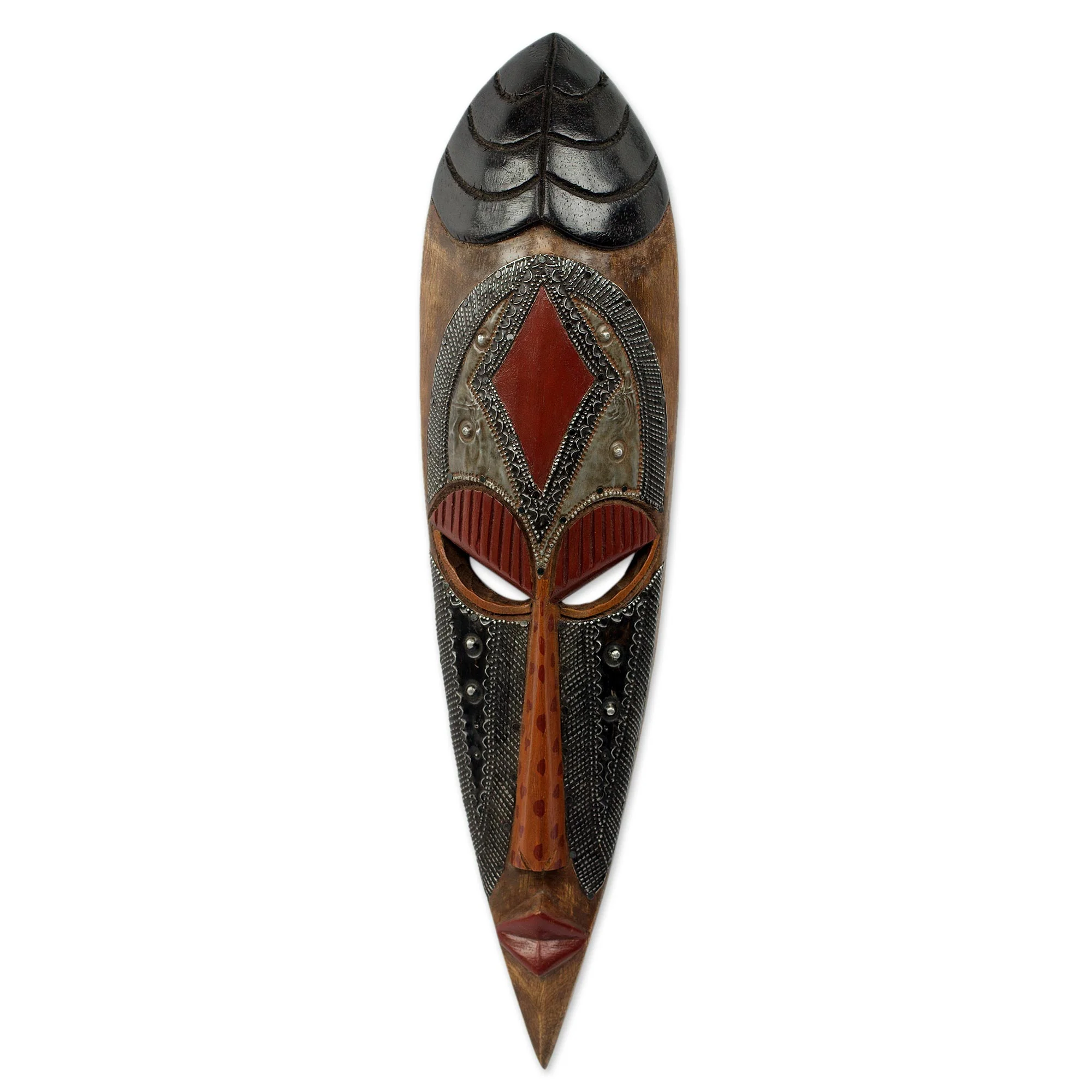 God's Work Artisan Hand Carved Authentic African Mask with Repousse - Image 2