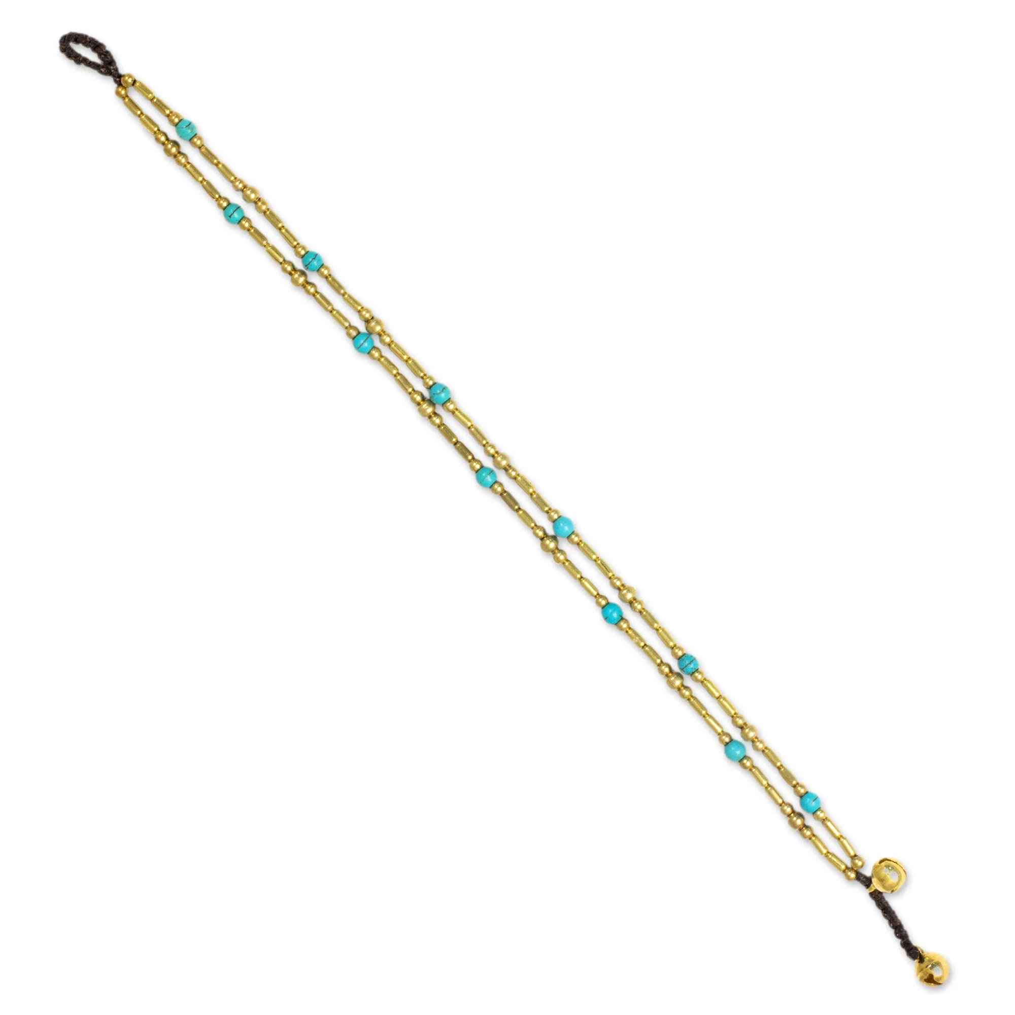 Golden Bell Thailand Blue Calcite Double Strand Brass Bead Anklet - Image 3