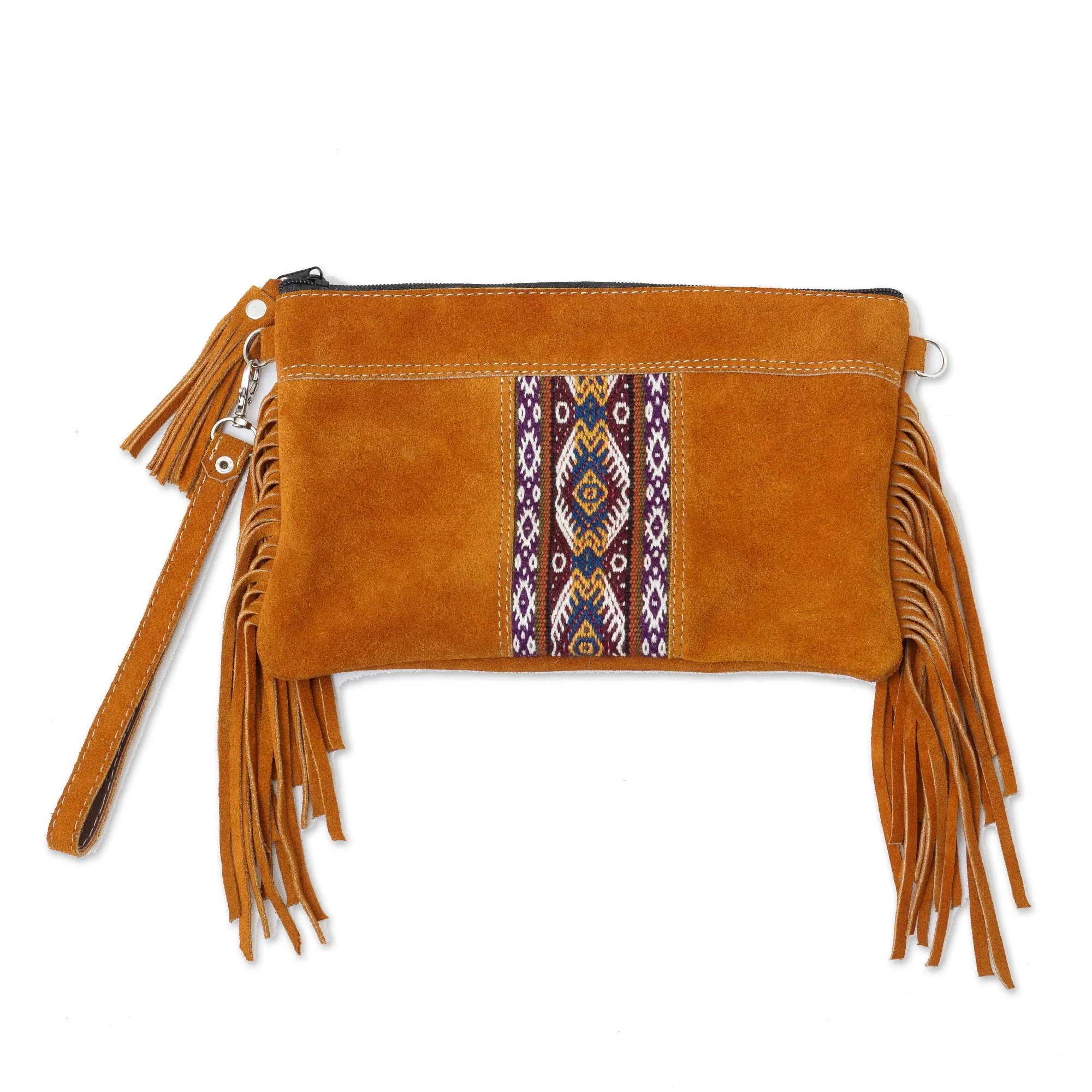 Golden Brown Fringe Fringed Wool Accented Suede Handbag in Golden Brown - Image 3