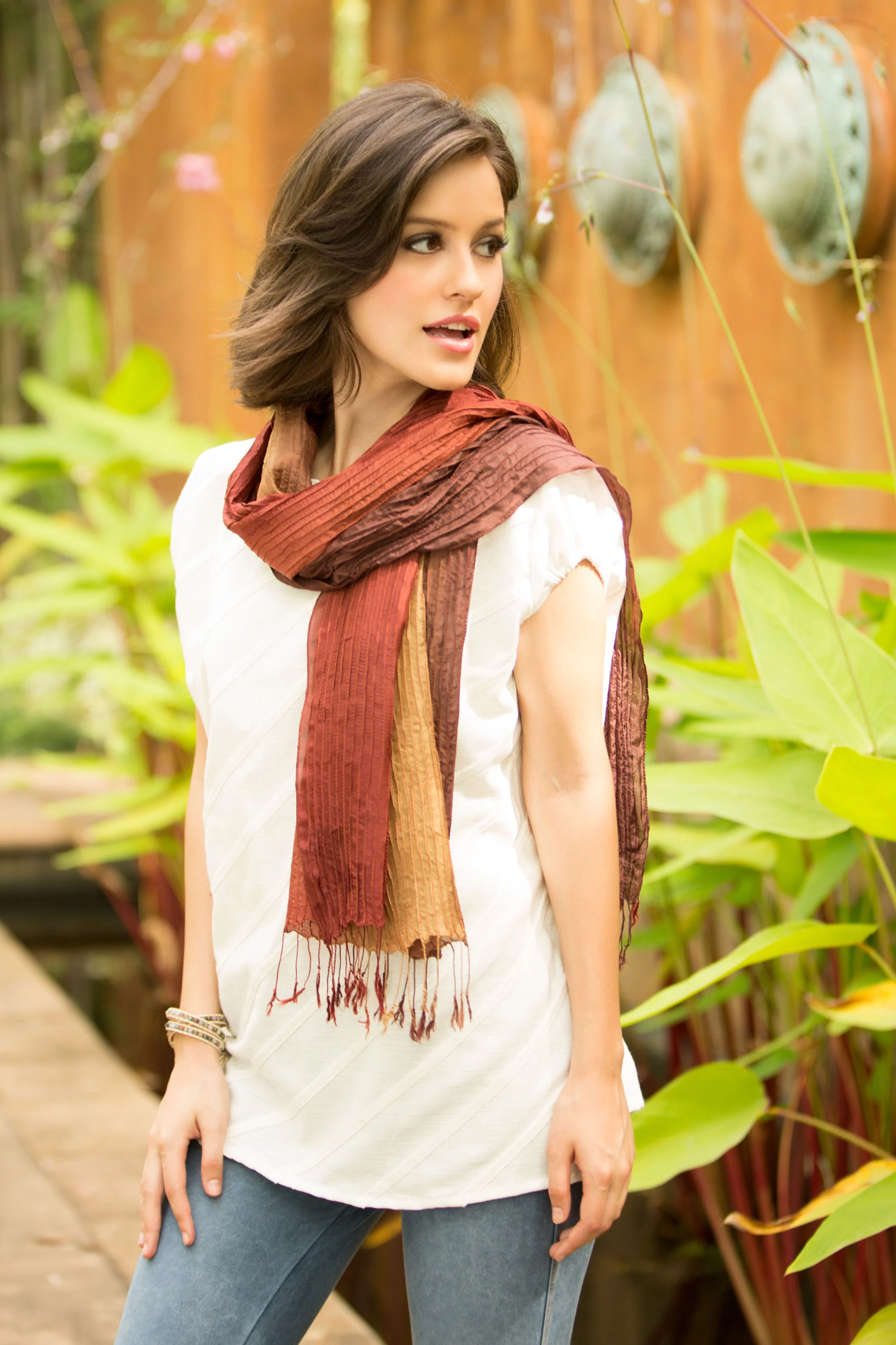 Golden Brown Transition Hand-dyed Silk Scarf from Thailand - Image 3