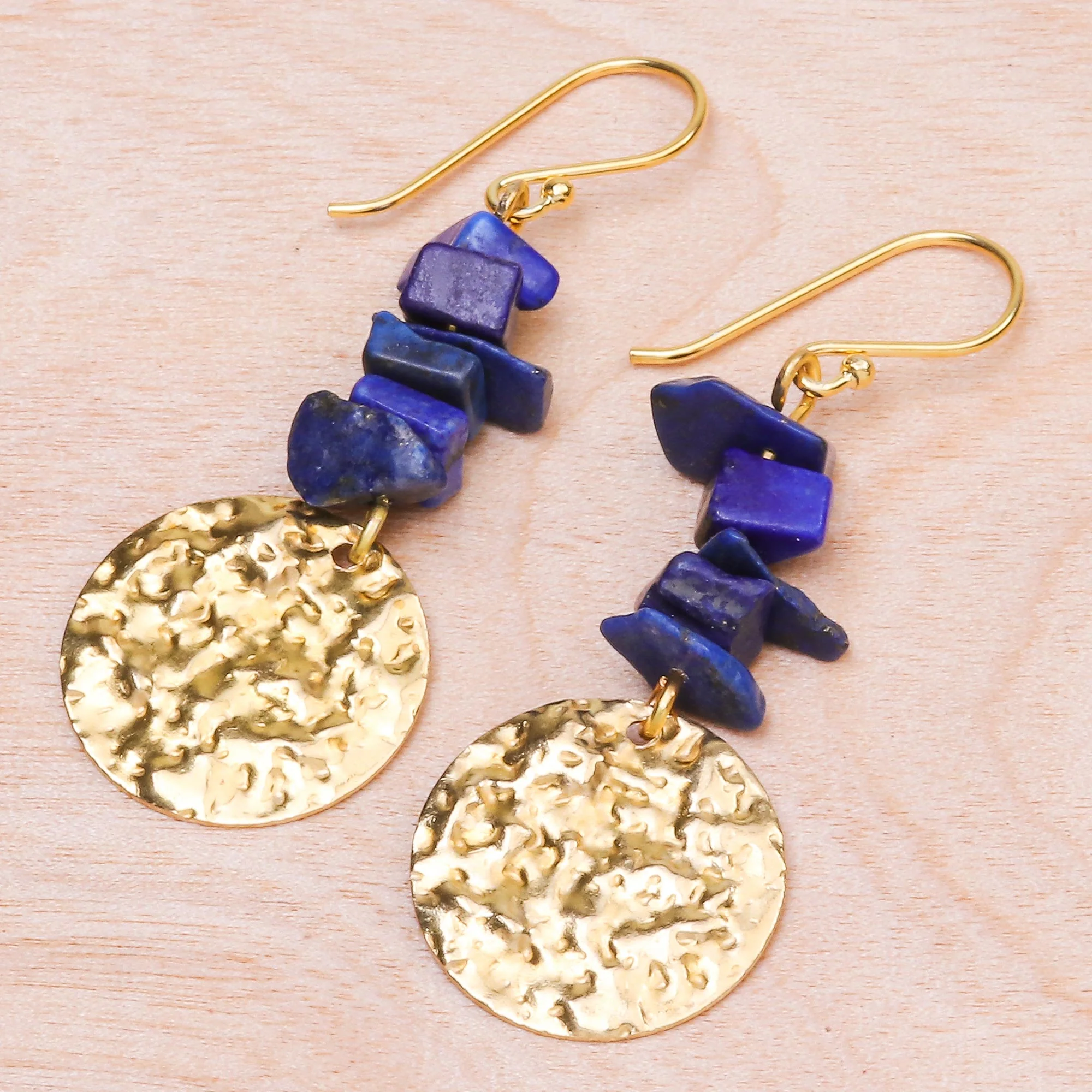 Golden Coin in Blue Handmade Lapis Lazuli Chip and Brass Coin Dangle Earrings - Image 3