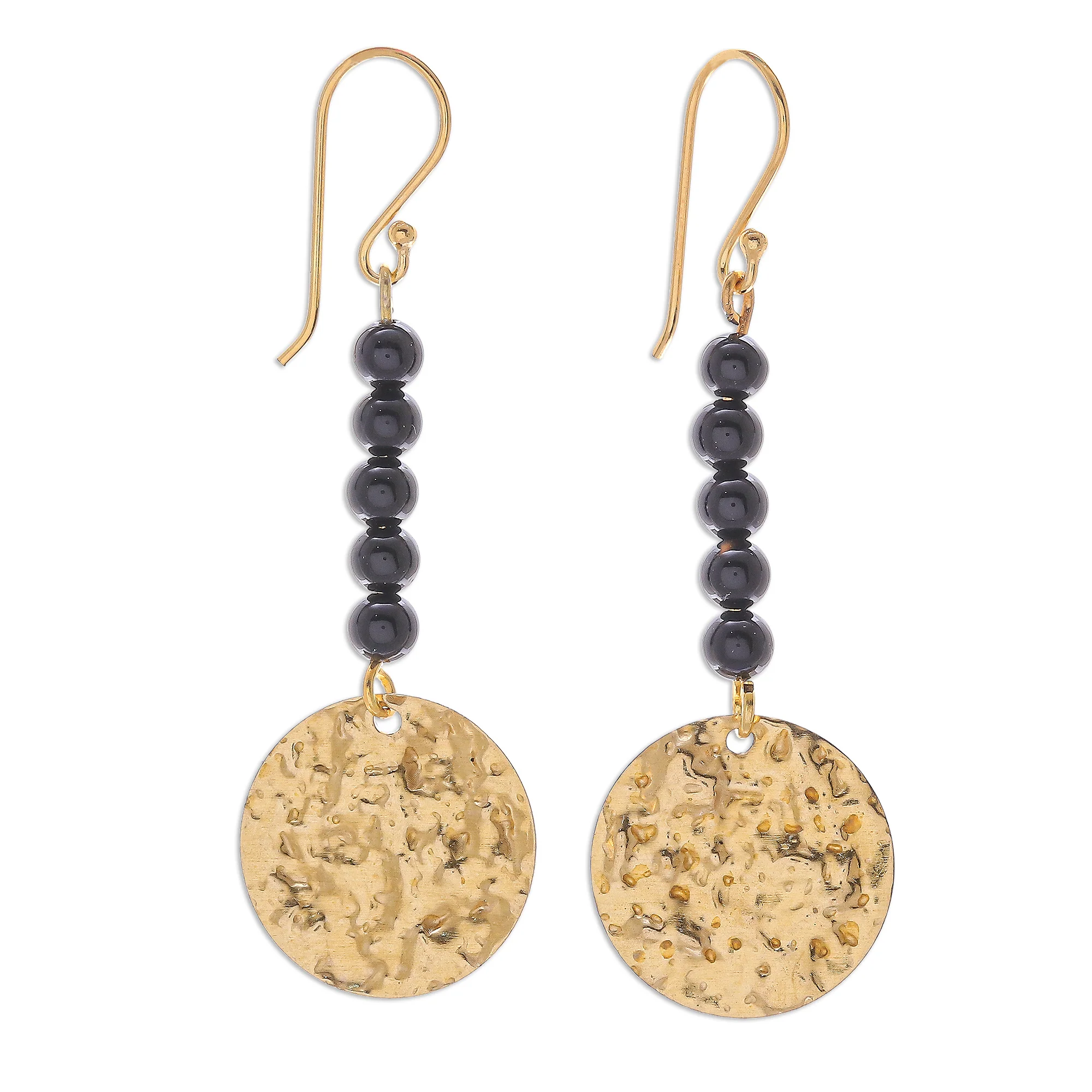 Golden Coin in Midnight Black Onyx Bead and Brass Coin Dangle Earrings - Image 2