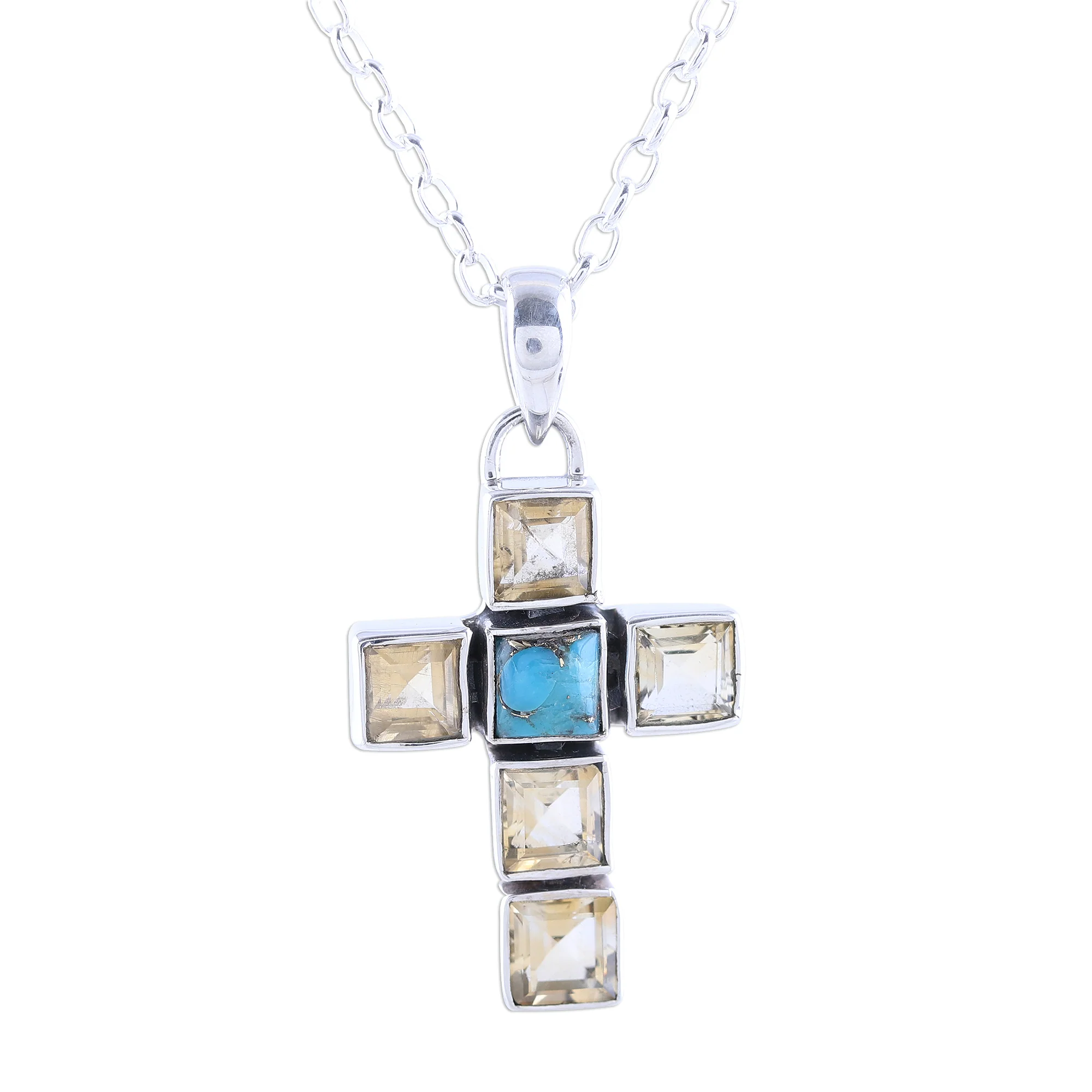 Golden Faith Citrine and Composite Turquoise Cross Necklace from India - Image 2