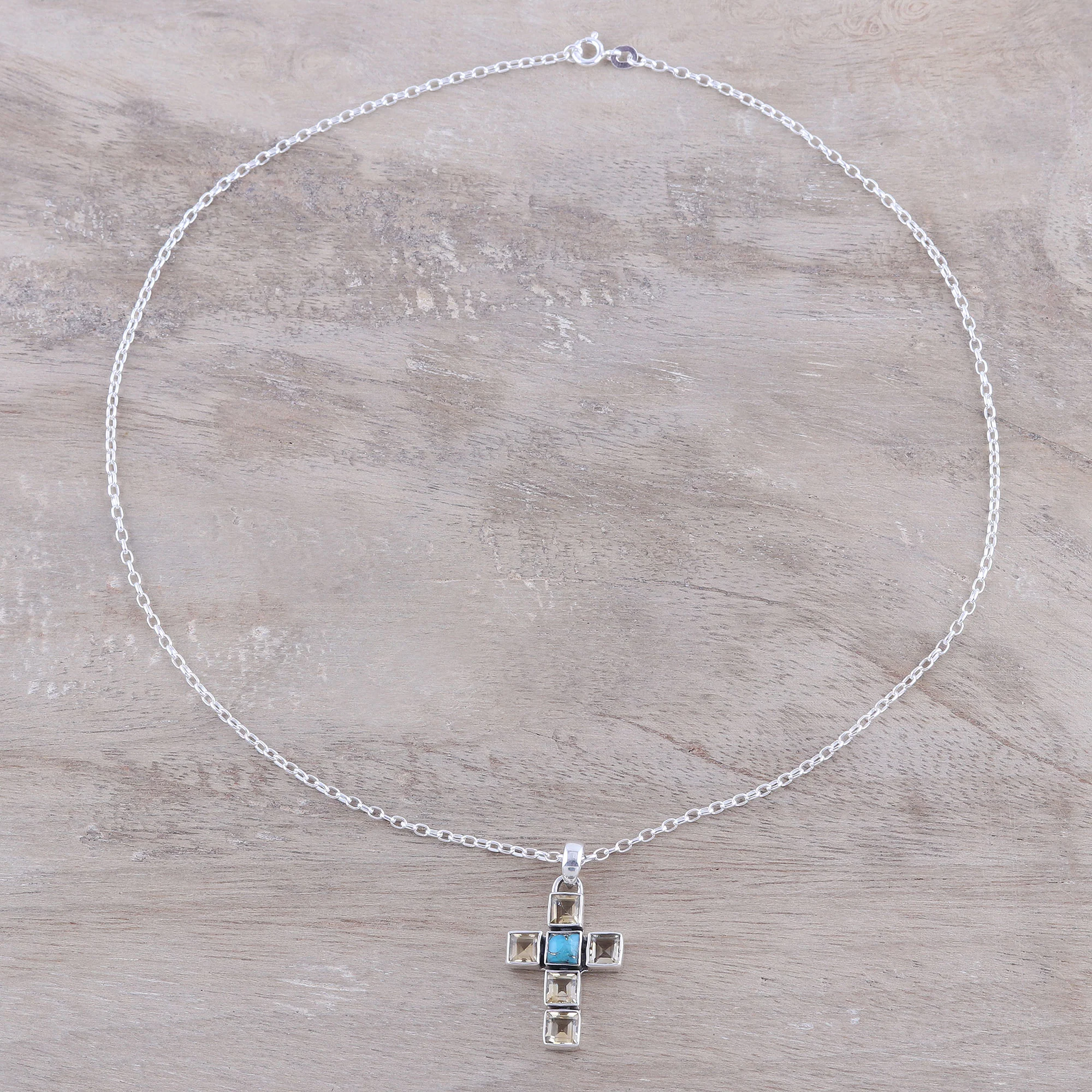 Golden Faith Citrine and Composite Turquoise Cross Necklace from India - Image 3