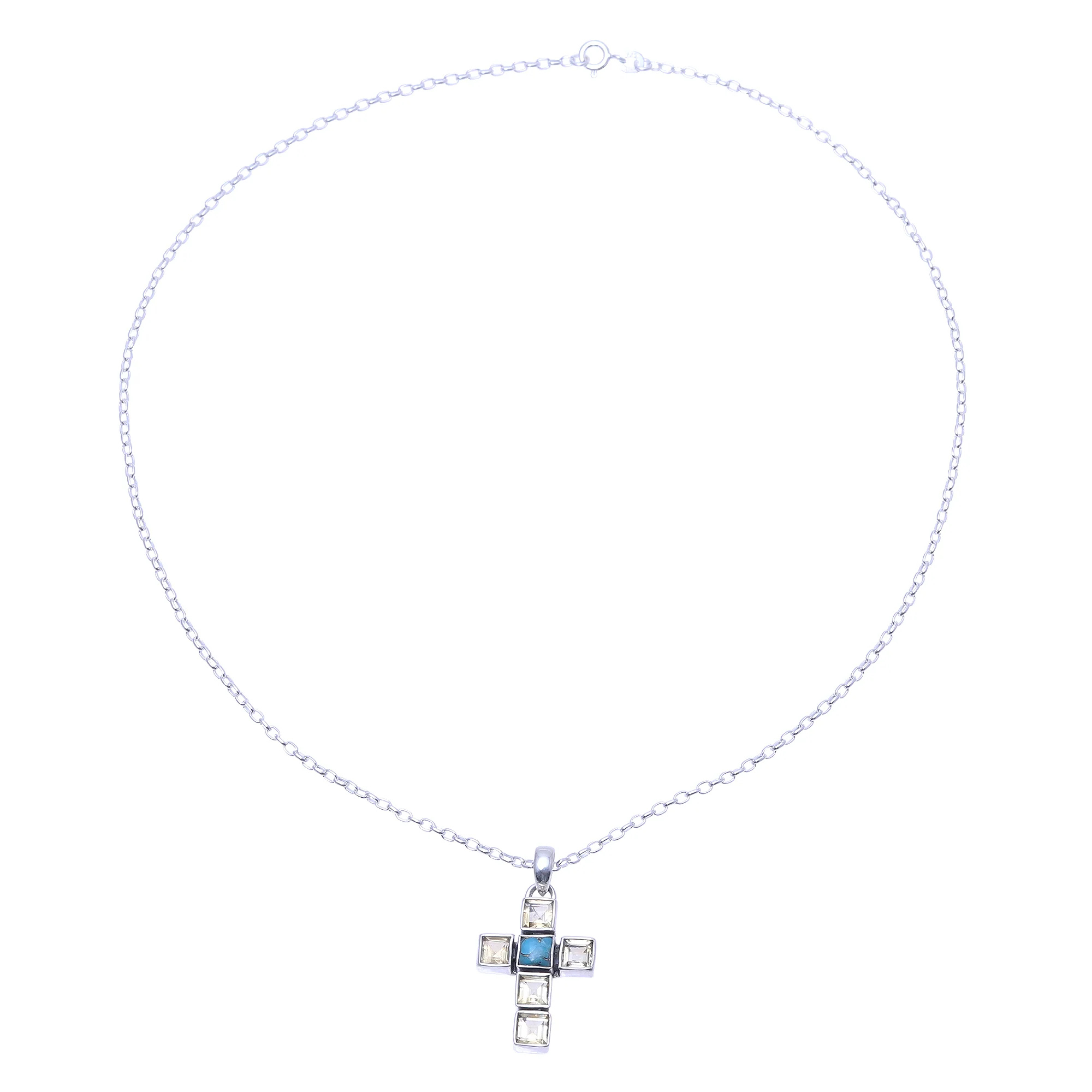 Golden Faith Citrine and Composite Turquoise Cross Necklace from India - Image 4