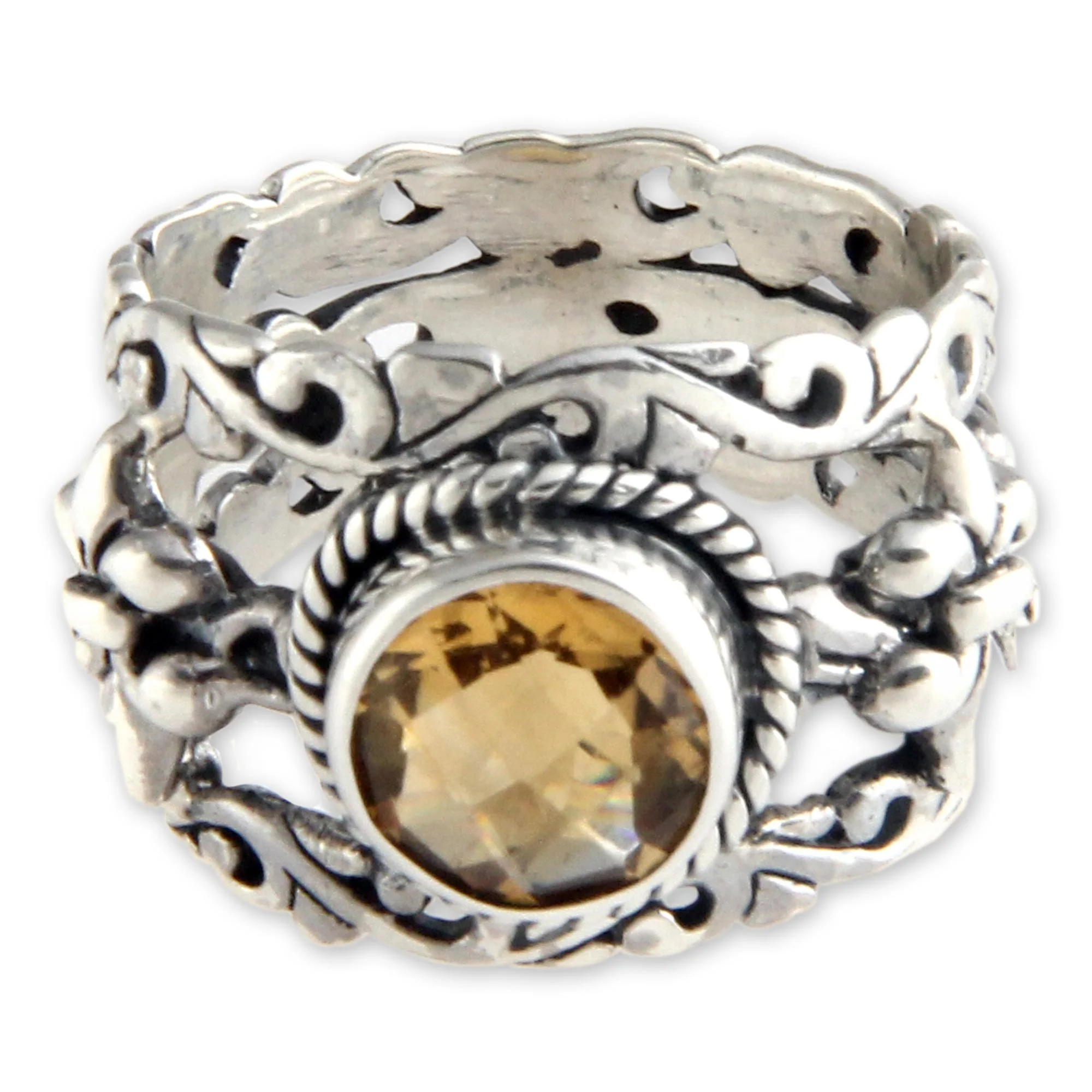 Golden Fleur de Lis Unique Indonesian Citrine and Silver Cocktail Ring - Image 3