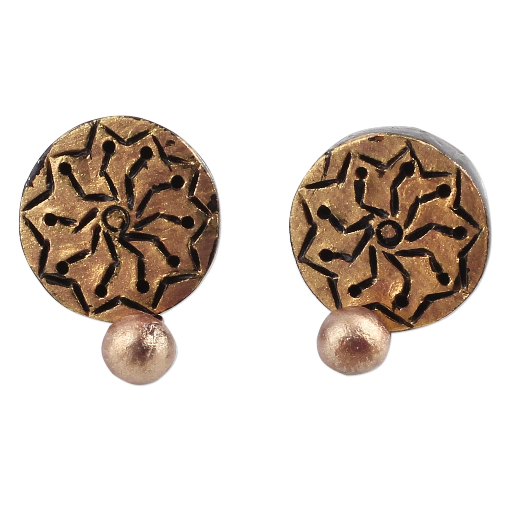Golden Floral Gold Tone Floral Ceramic Dangle Earrings by Indian Artisans - Image 2