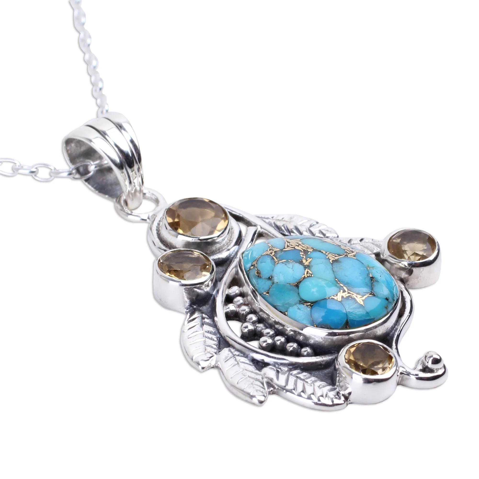 Golden Forest Mist Handmade Composite Turquoise and Citrine Necklace - Image 3