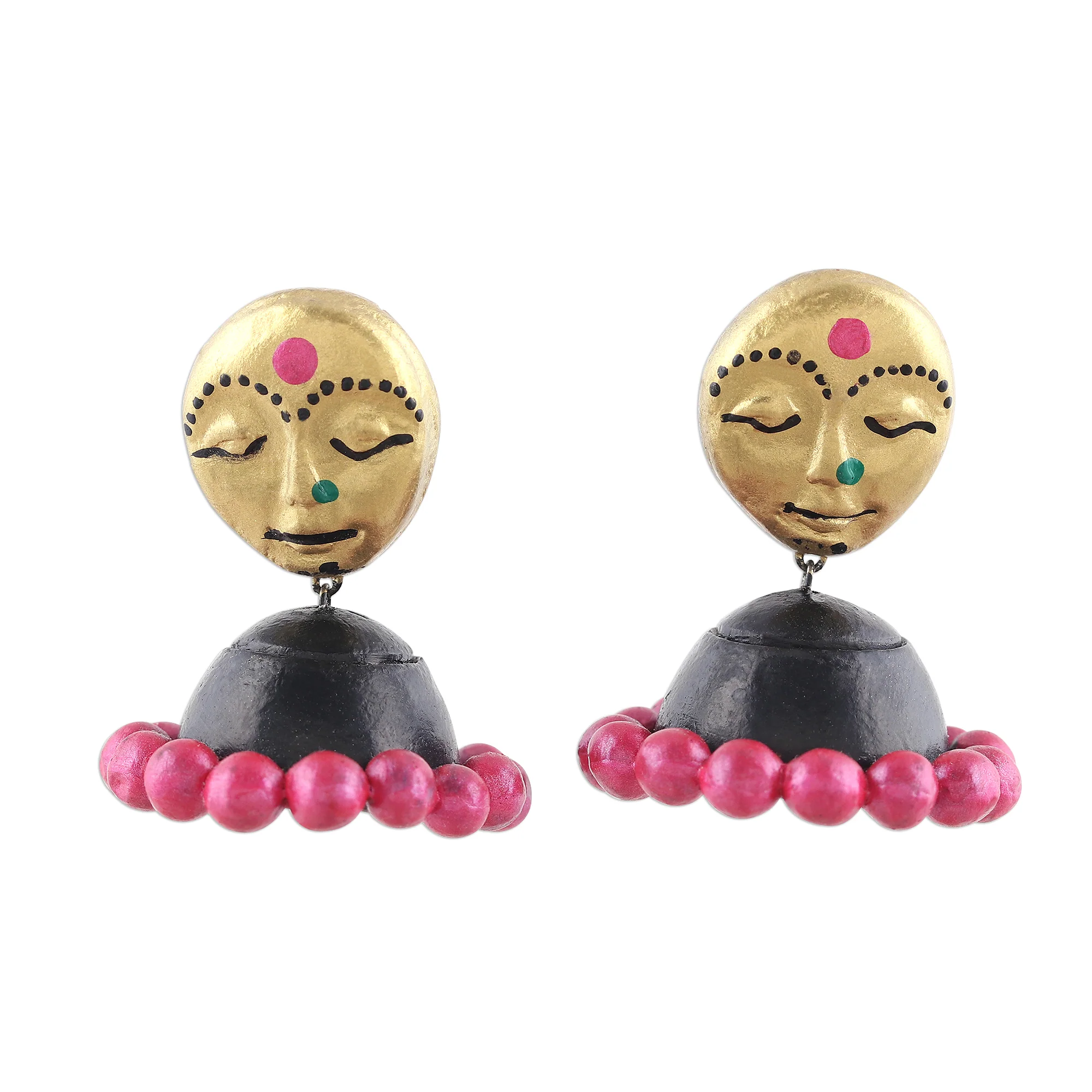 Golden Ladies Hand-Painted Feminine Ceramic Dangle Earrings from India - Image 2