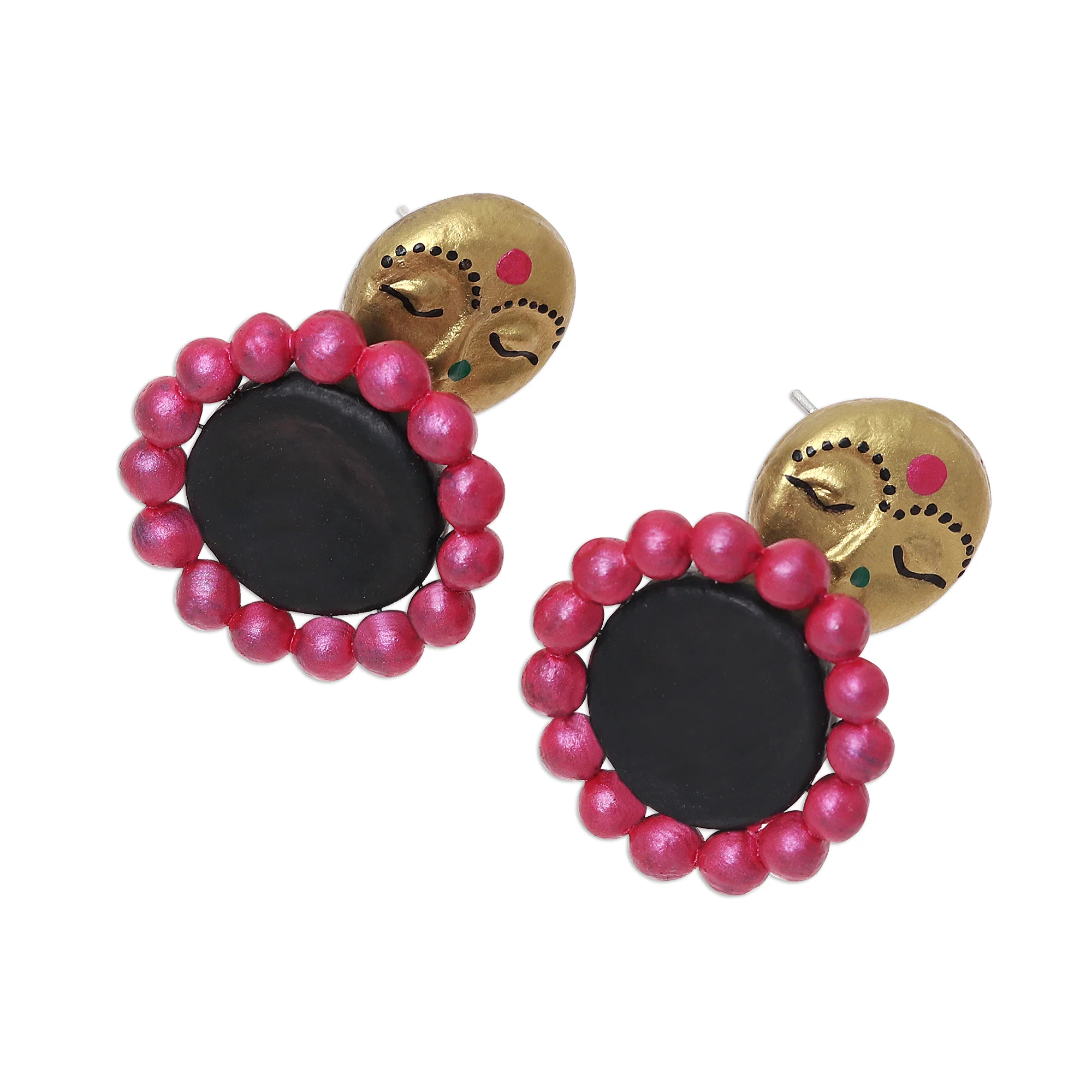 Golden Ladies Hand-Painted Feminine Ceramic Dangle Earrings from India - Image 4