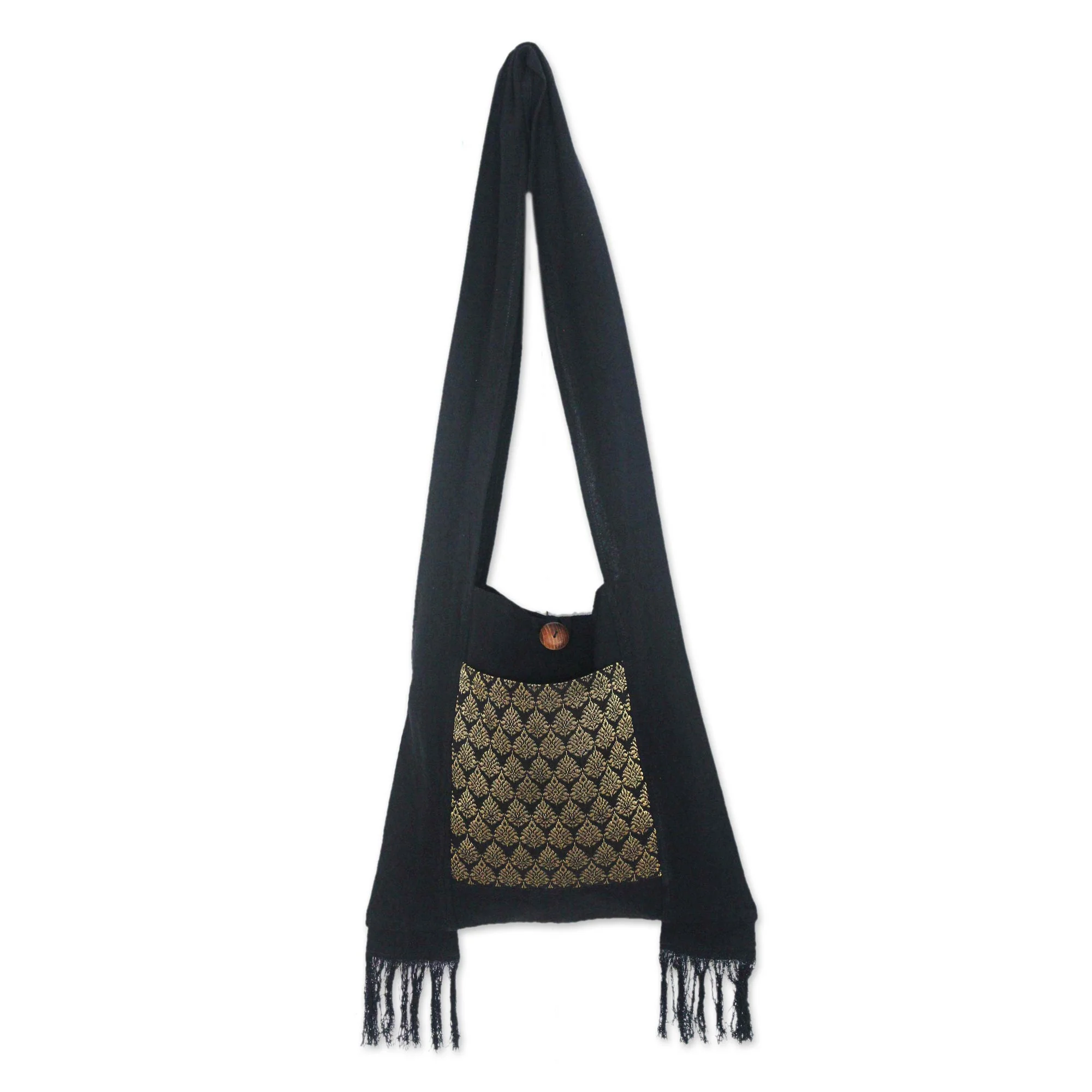 Golden Lotus Brocade and Black Cotton Sling Bag - Image 2