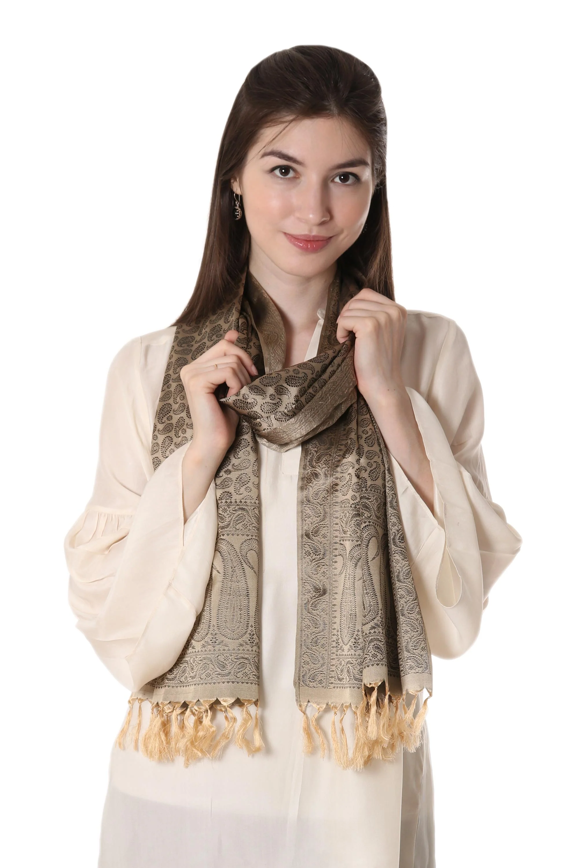 Golden Olive Dusk Banarasi Silk Shawl - Image 2