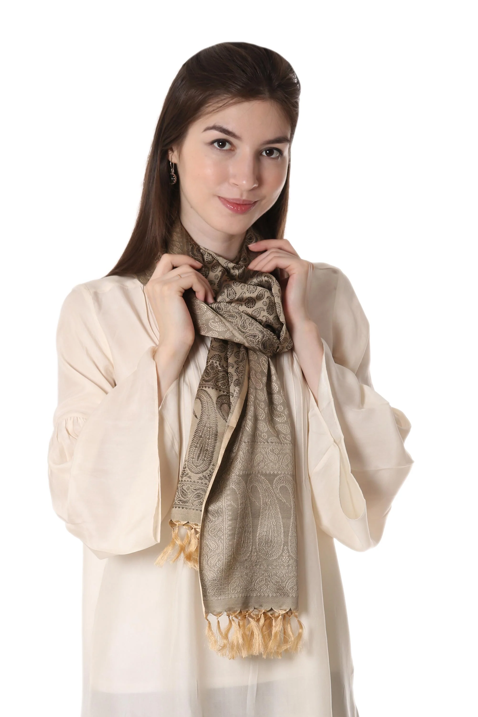 Golden Olive Dusk Banarasi Silk Shawl - Image 3