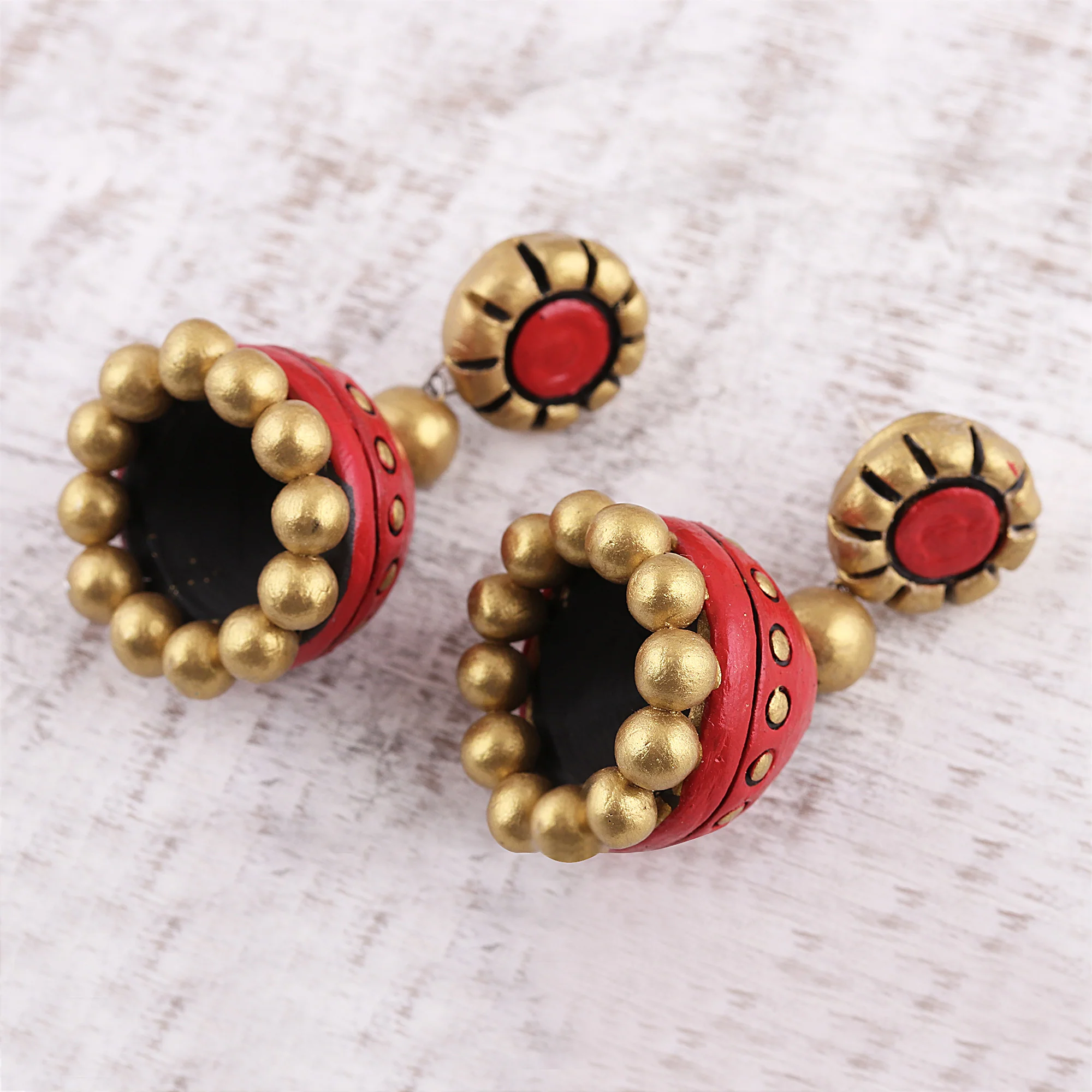 Golden Passion Red and Gold Ceramic Dangle Earrings Crafted in India - Image 3