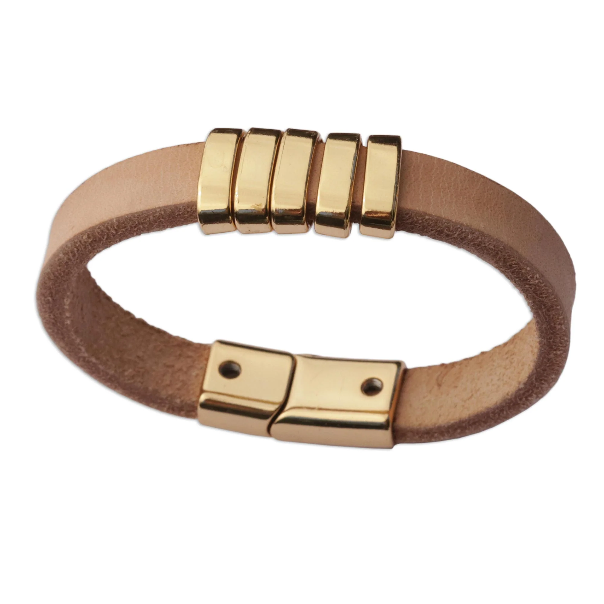 Golden Planets, Beige Universe Modern Beige and Gold Leather Wristband Bracelet from Brazil - Image 2