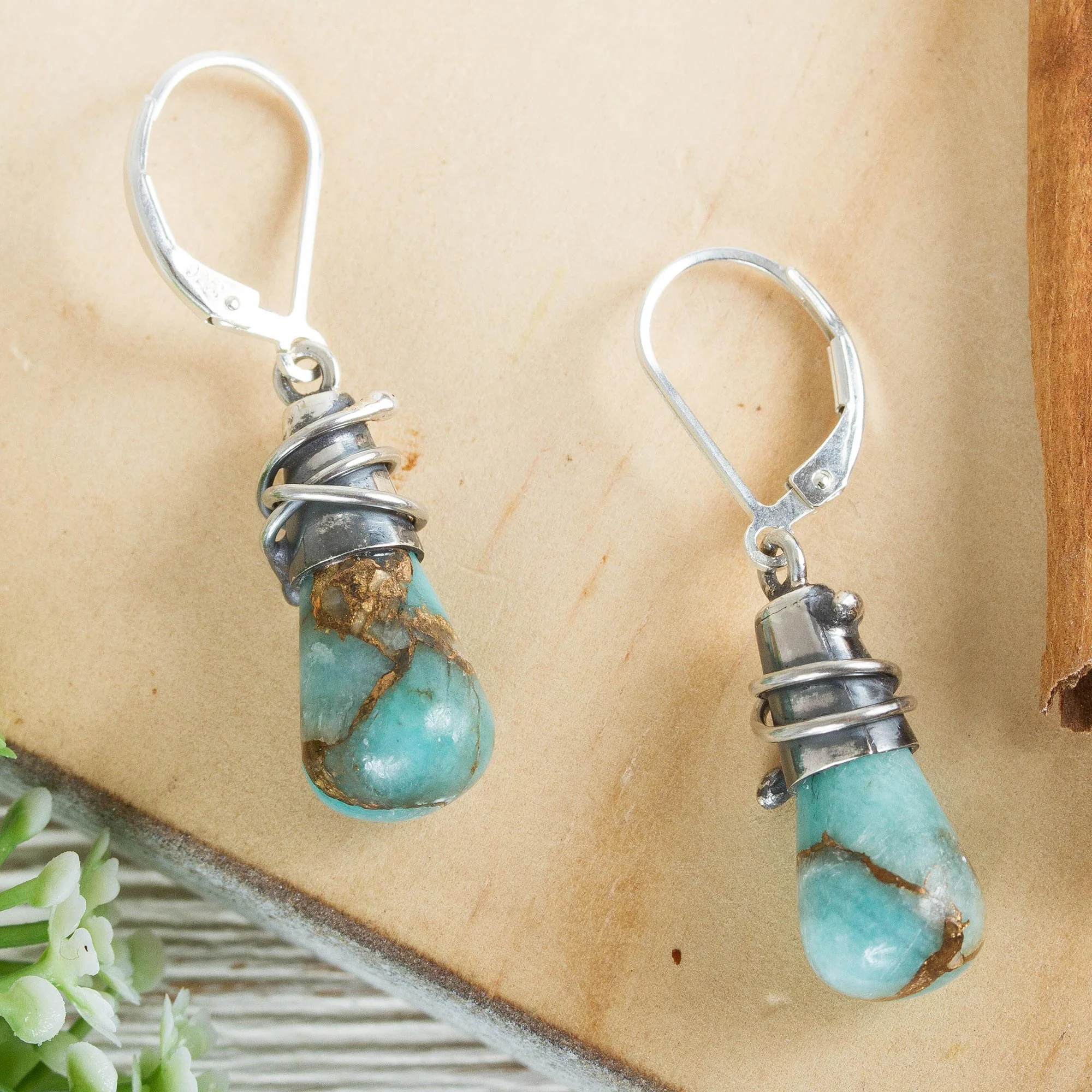 Golden Sea Currents Sterling Silver and Composite Amazonite Earrings from Mexico - Image 3