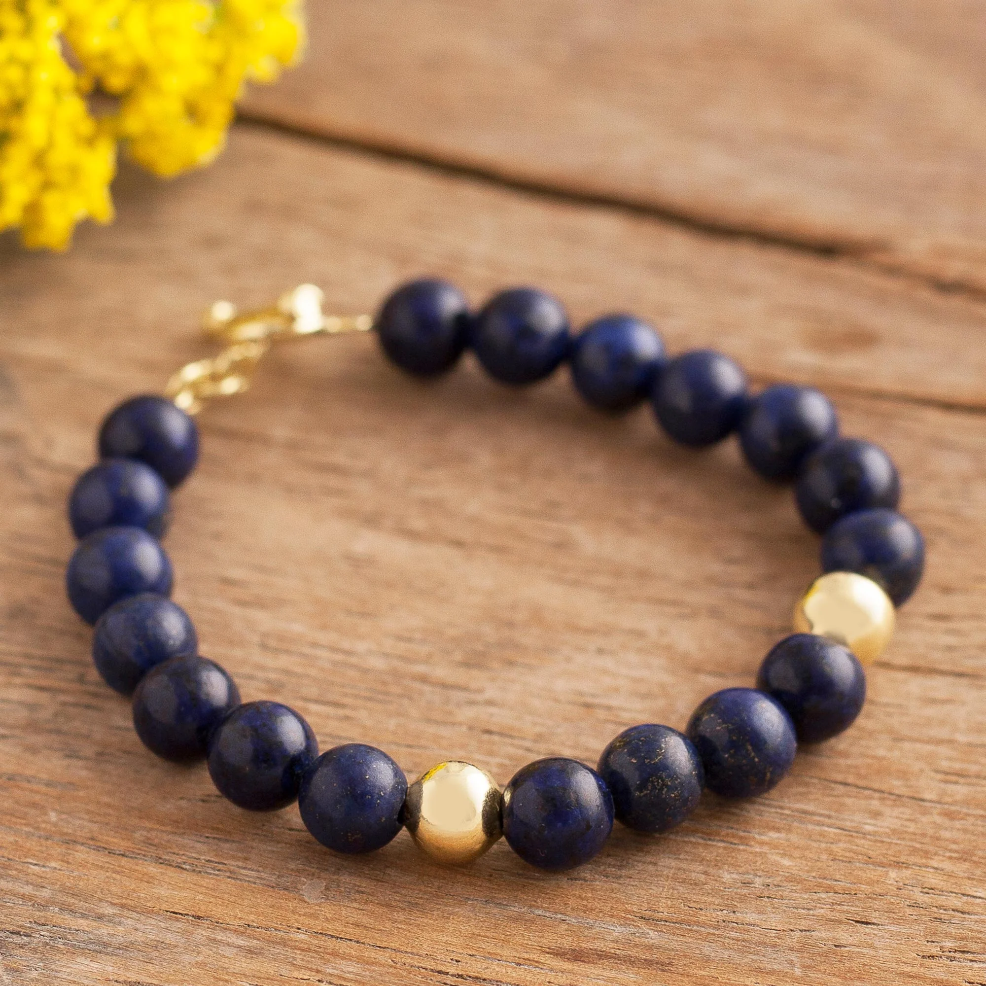 Golden Sea Gold Accent Lapis Lazuli Beaded Bracelet from Peru - Image 3