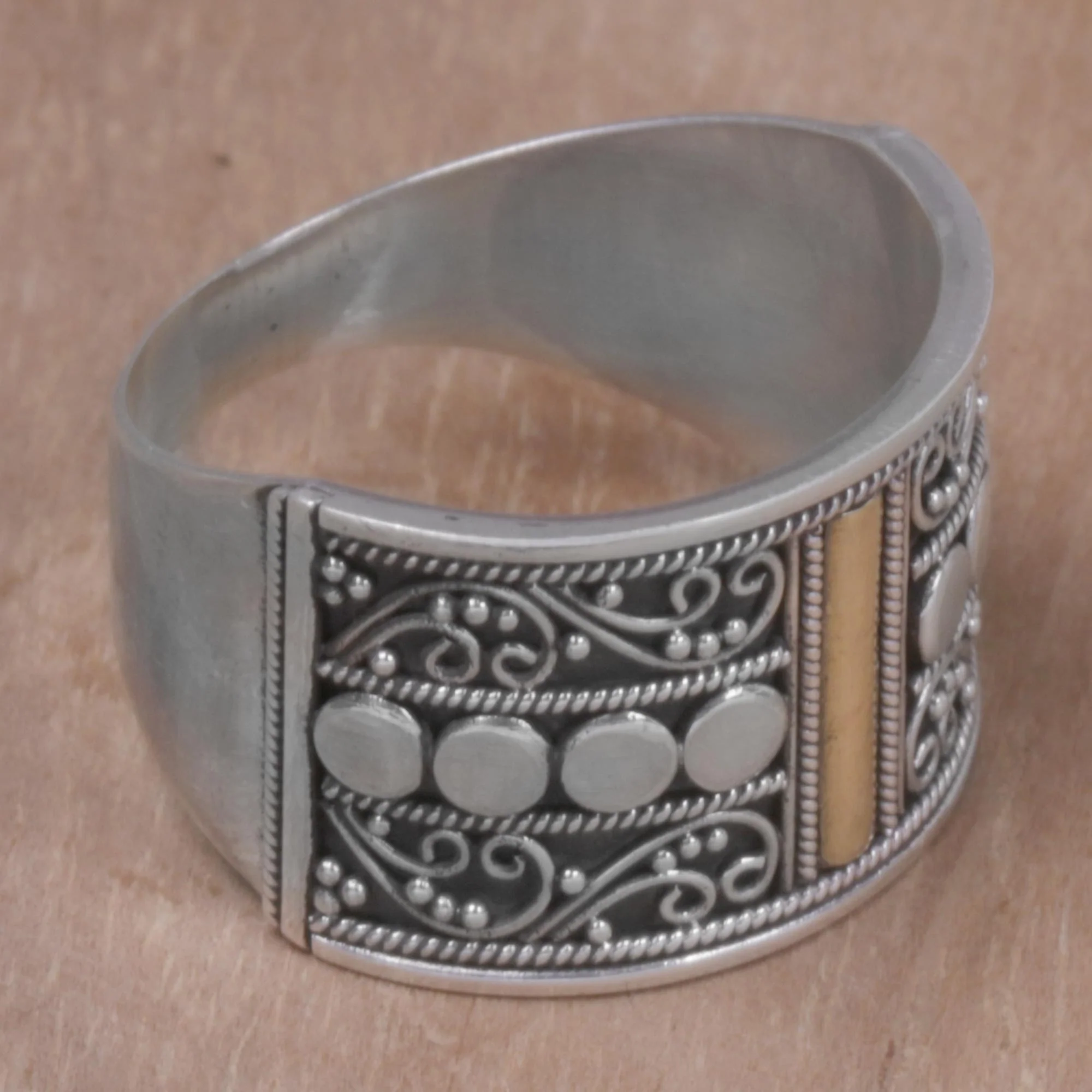 Golden Ubud Sky Gold Accent Sterling Silver Band Ring with Spiral Motifs - Image 3