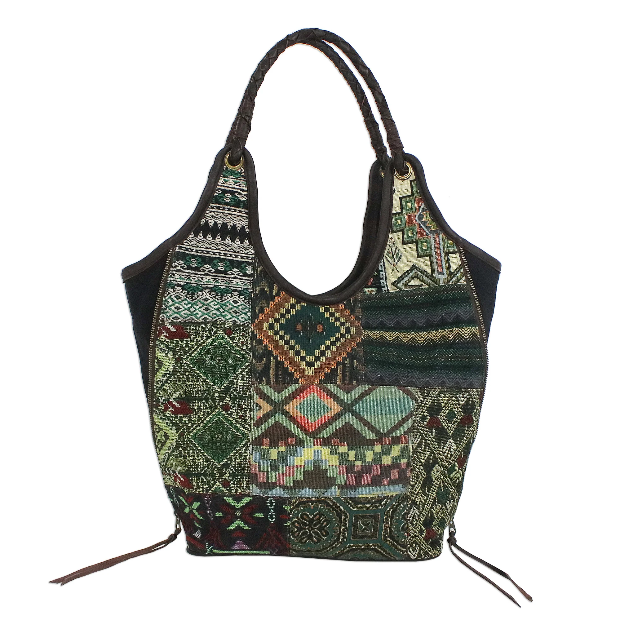 Gorgeous Geometry in Green Handmade Patchwork Geometric Cotton Blend Shoulder Bag - Image 2