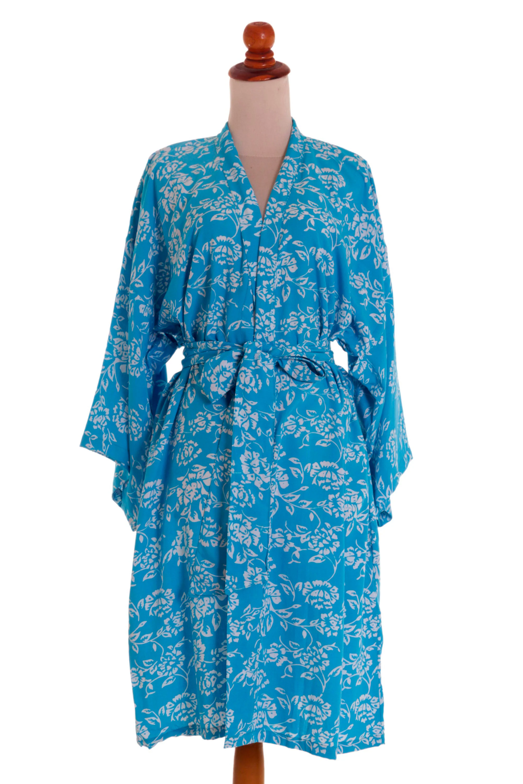 Gorgeous in Cerulean Balinese Rayon Short Cross Over Robe Blue Batik Flowers - Image 5